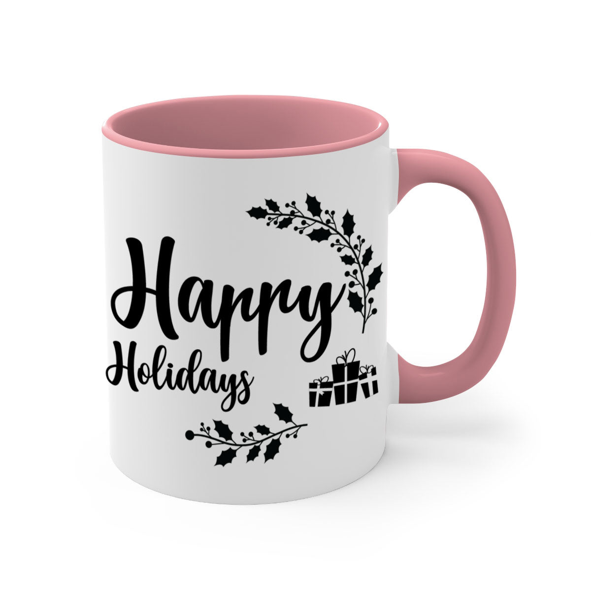 Happy Holidays Style 7# Christmas Mug with colored handle and glossy finish, available in multiple colors.