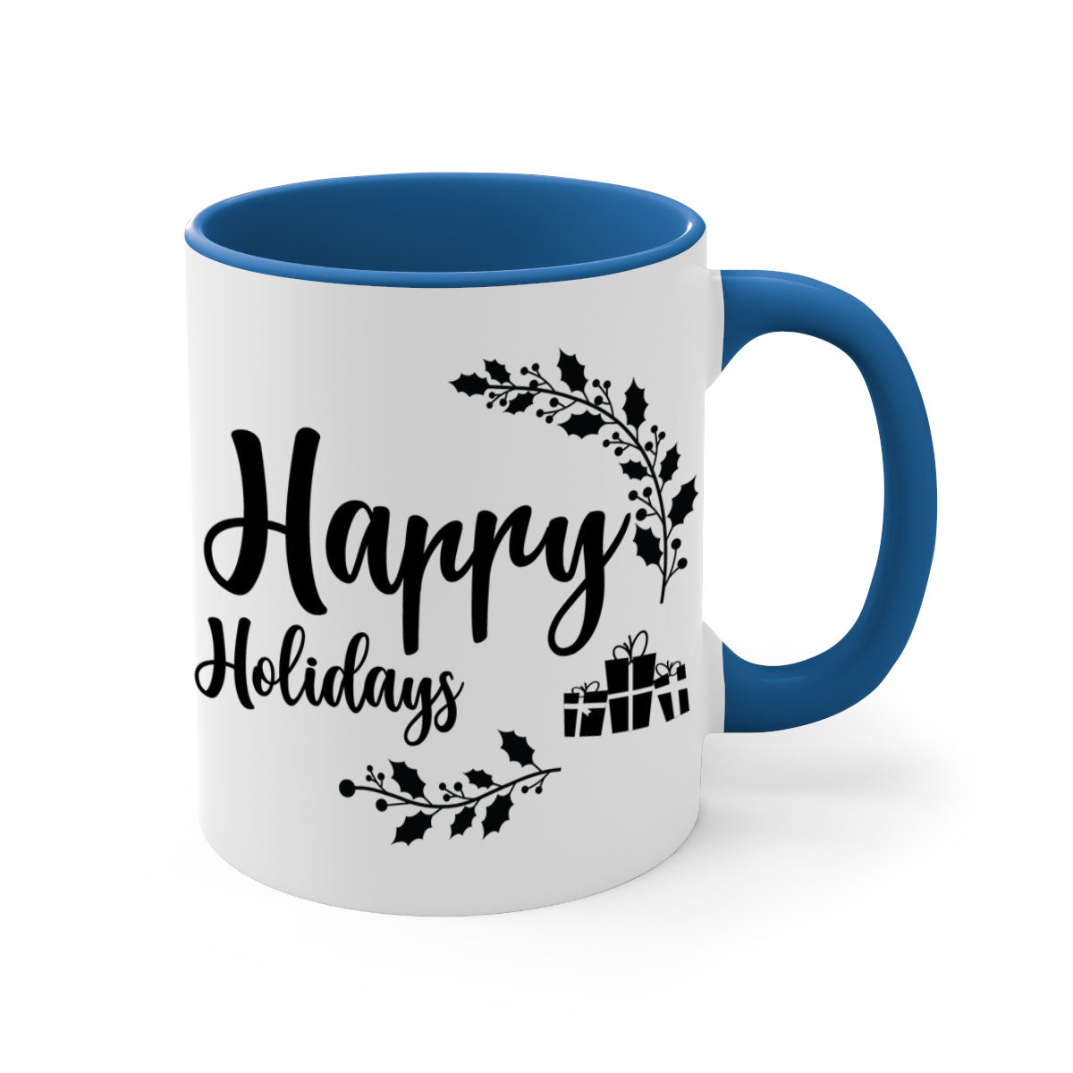Happy Holidays Style 7# Christmas Mug with colored handle and glossy finish, available in multiple colors.