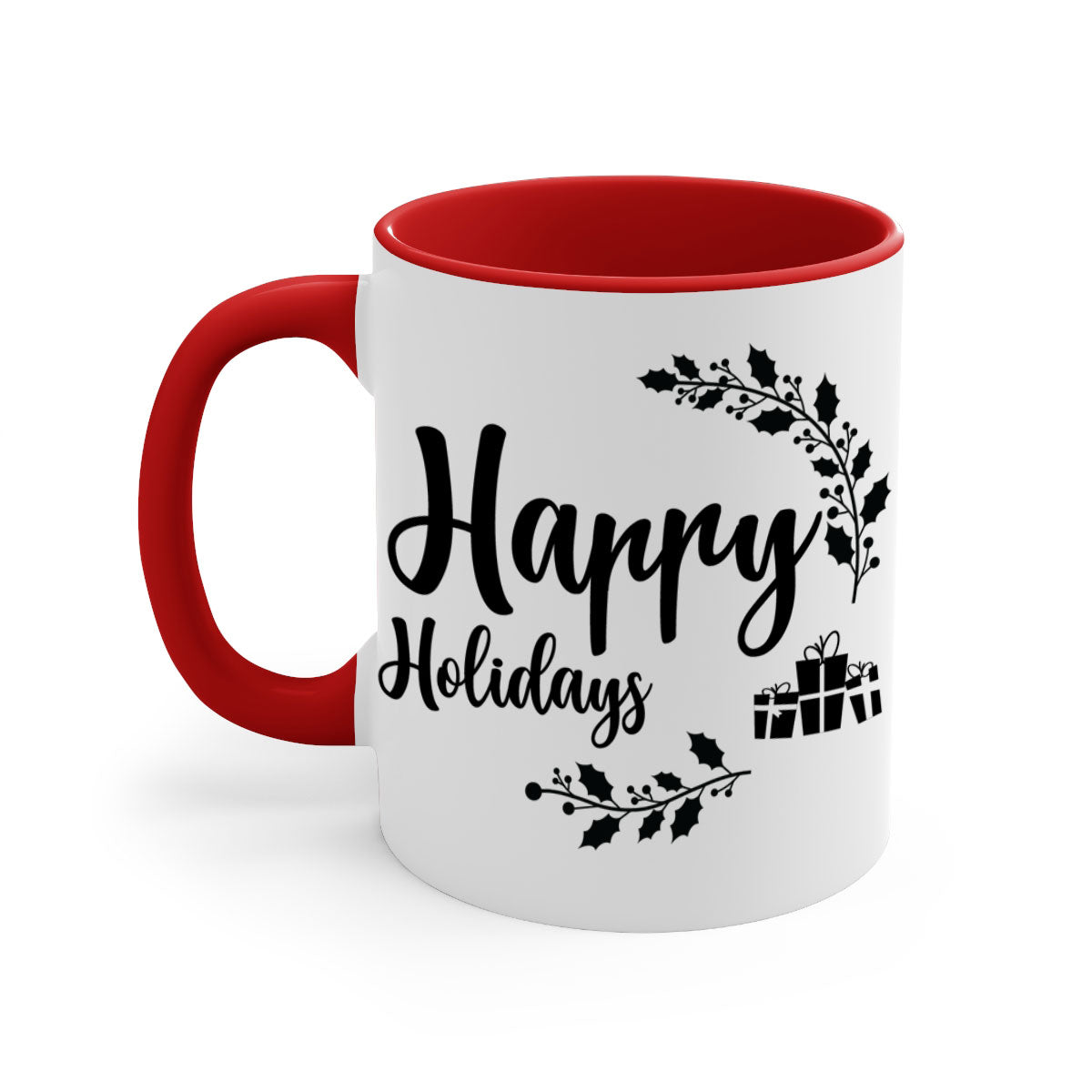 Happy Holidays Style 7# Christmas Mug with colored handle and glossy finish, available in multiple colors.