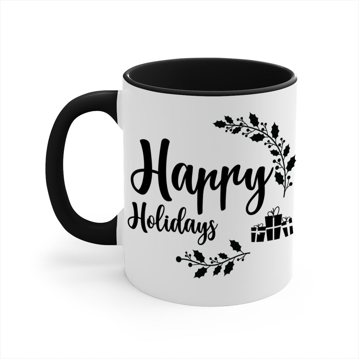 Happy Holidays Style 7# Christmas Mug with colored handle and glossy finish, available in multiple colors.