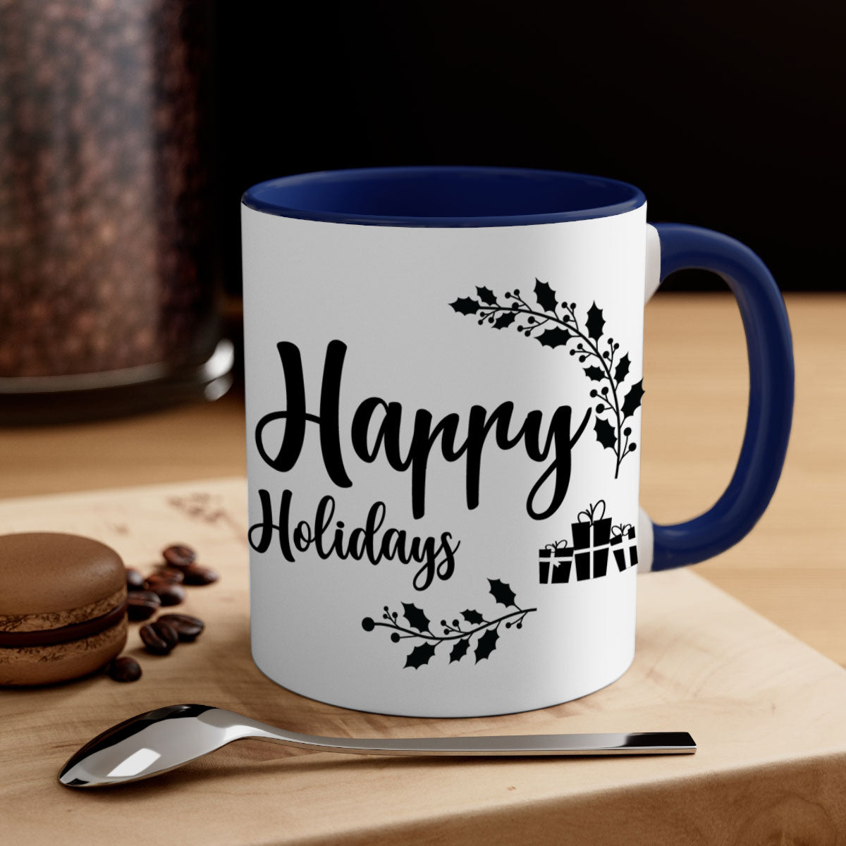 Happy Holidays Style 7# Christmas Mug with colored handle and glossy finish, available in multiple colors.