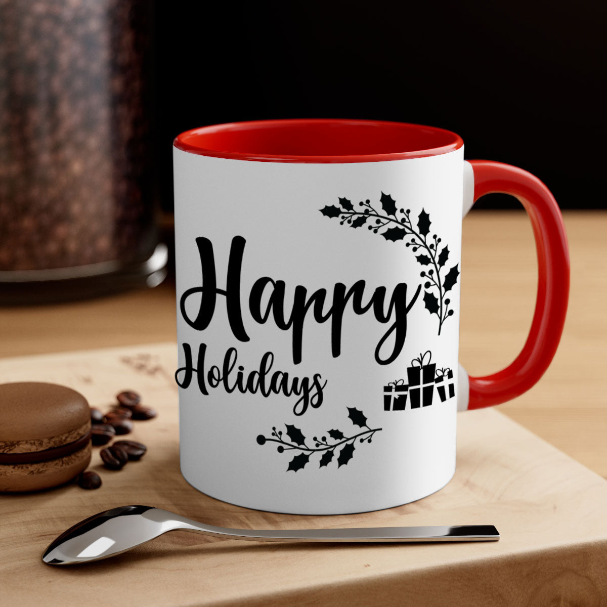 Happy Holidays Style 7# Christmas Mug with colored handle and glossy finish, available in multiple colors.