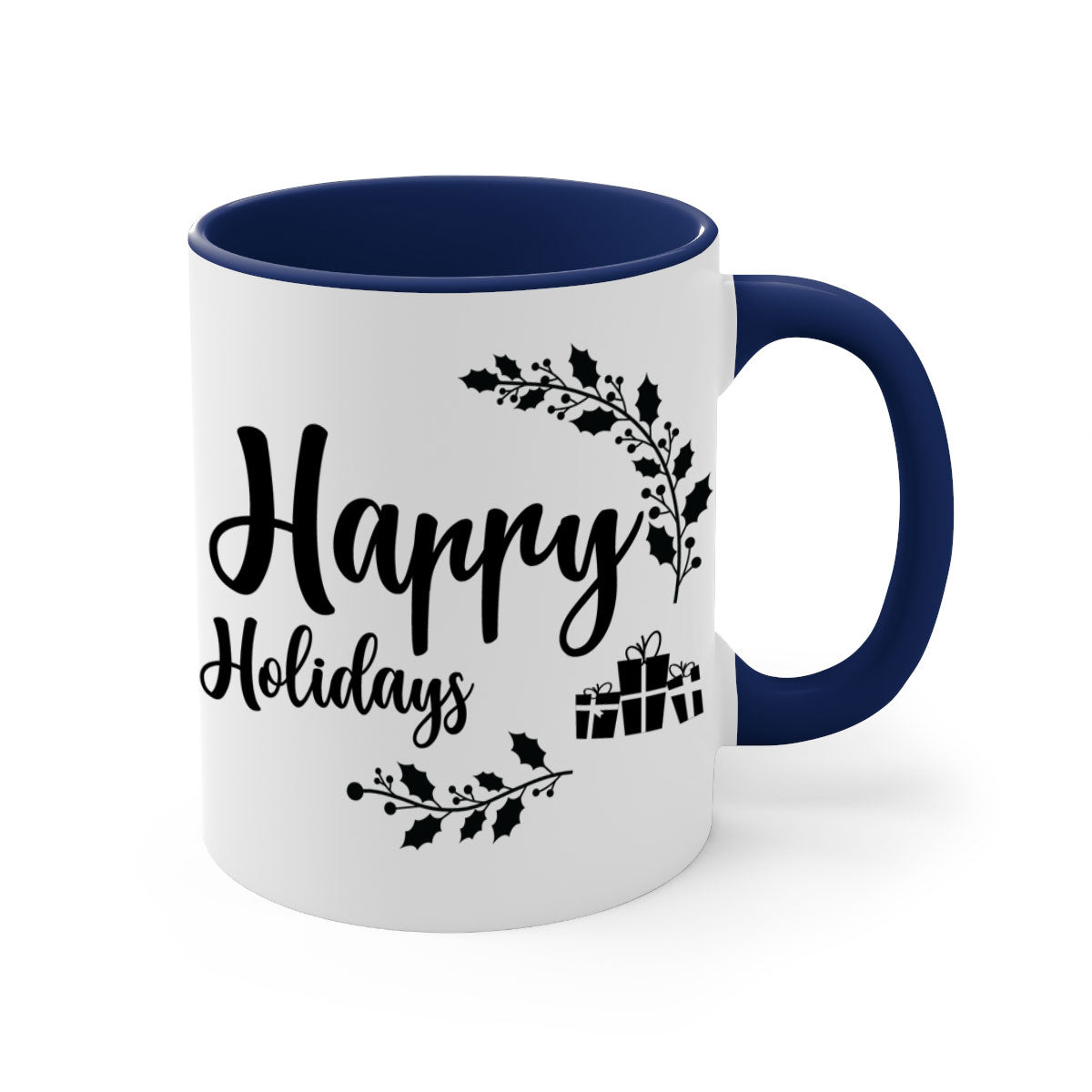 Happy Holidays Style 7# Christmas Mug with colored handle and glossy finish, available in multiple colors.