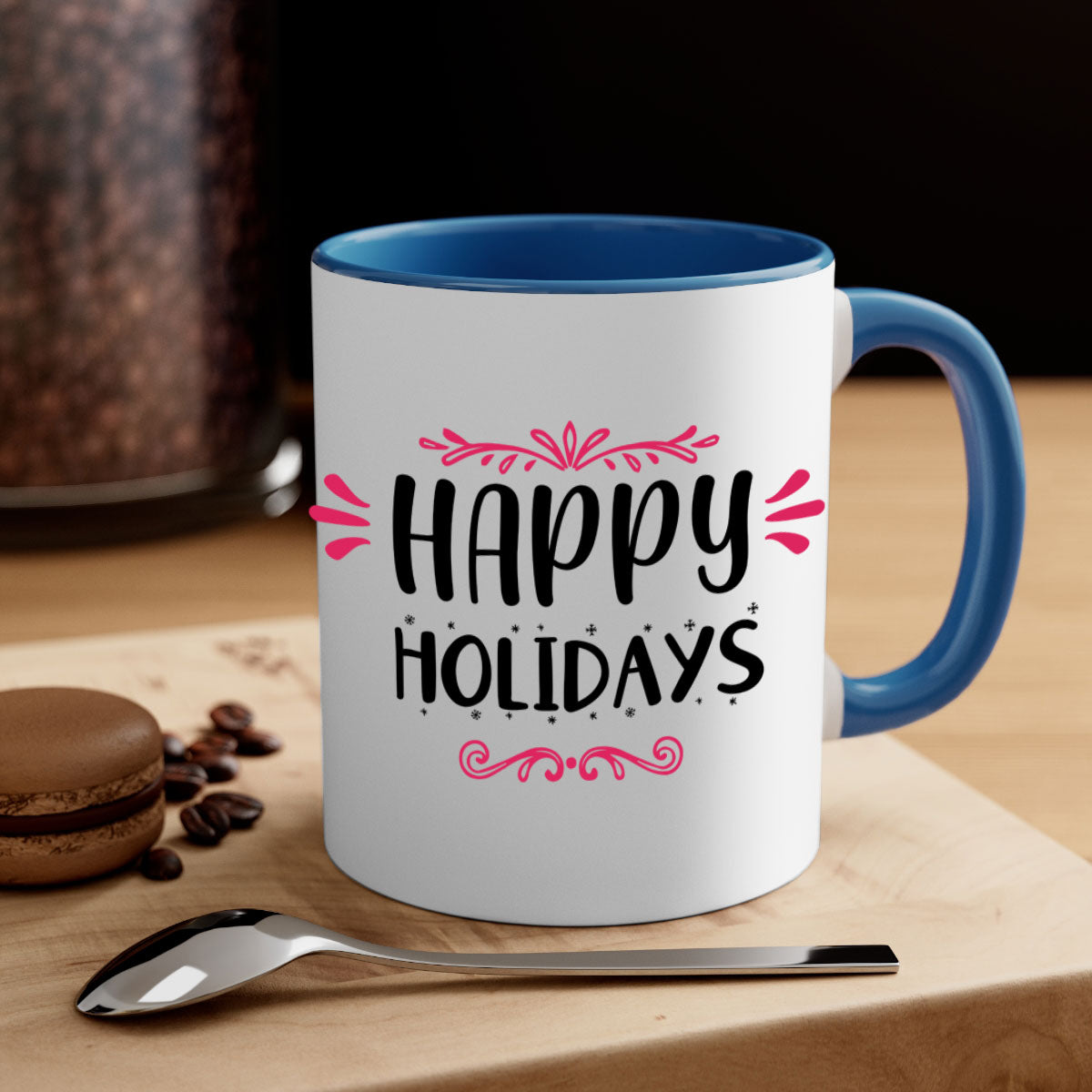 Happy Holidays Style 8# Christmas Mug with colorful handle and glossy finish, available in multiple colors and sizes.