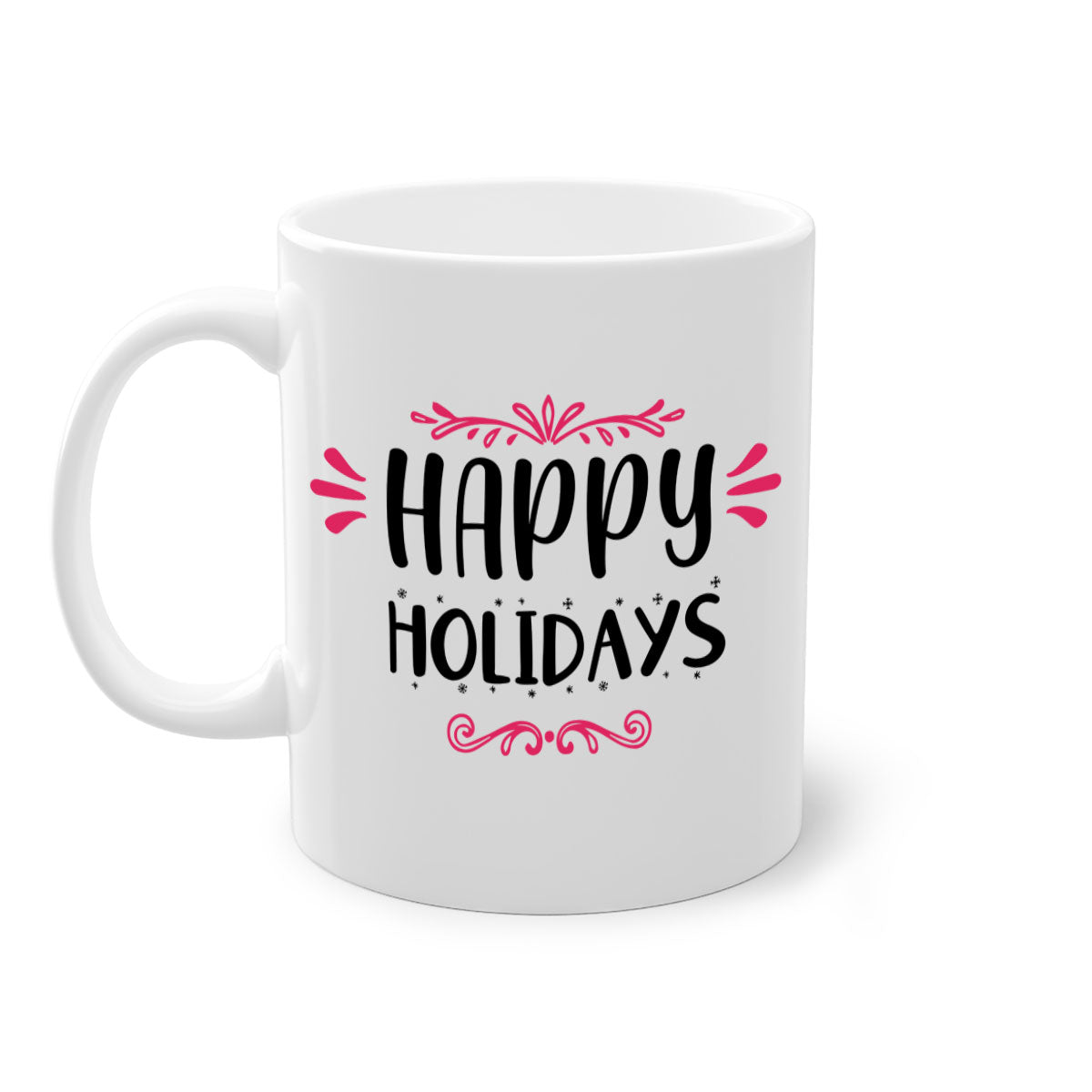 Happy Holidays Style 8# Christmas Mug with colorful handle and glossy finish, available in multiple colors and sizes.