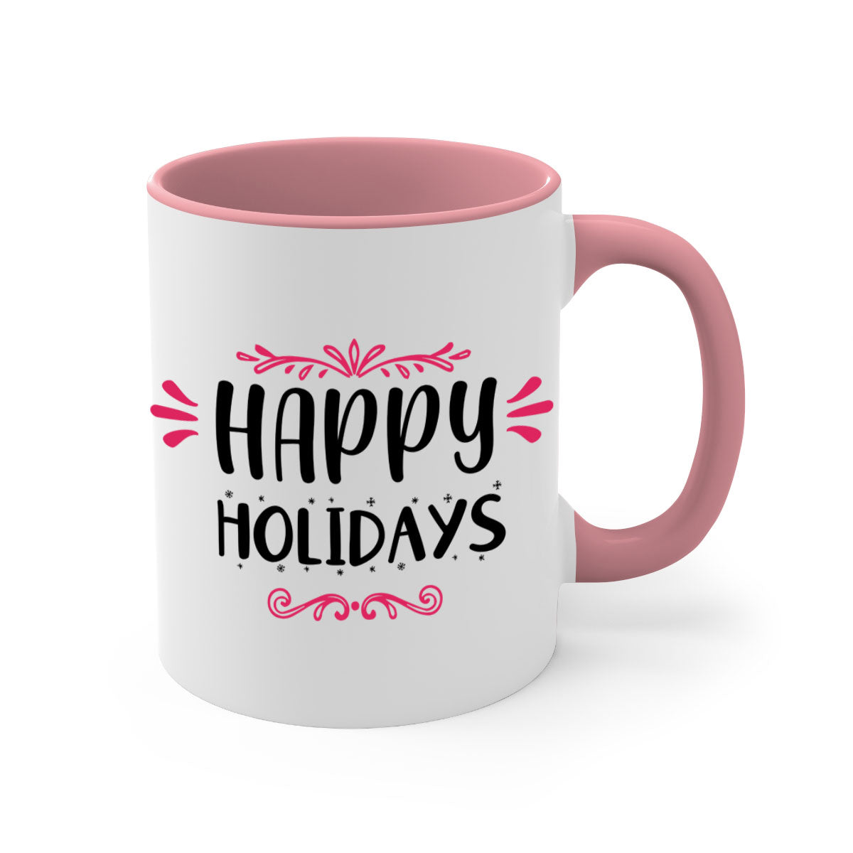 Happy Holidays Style 8# Christmas Mug with colorful handle and glossy finish, available in multiple colors and sizes.
