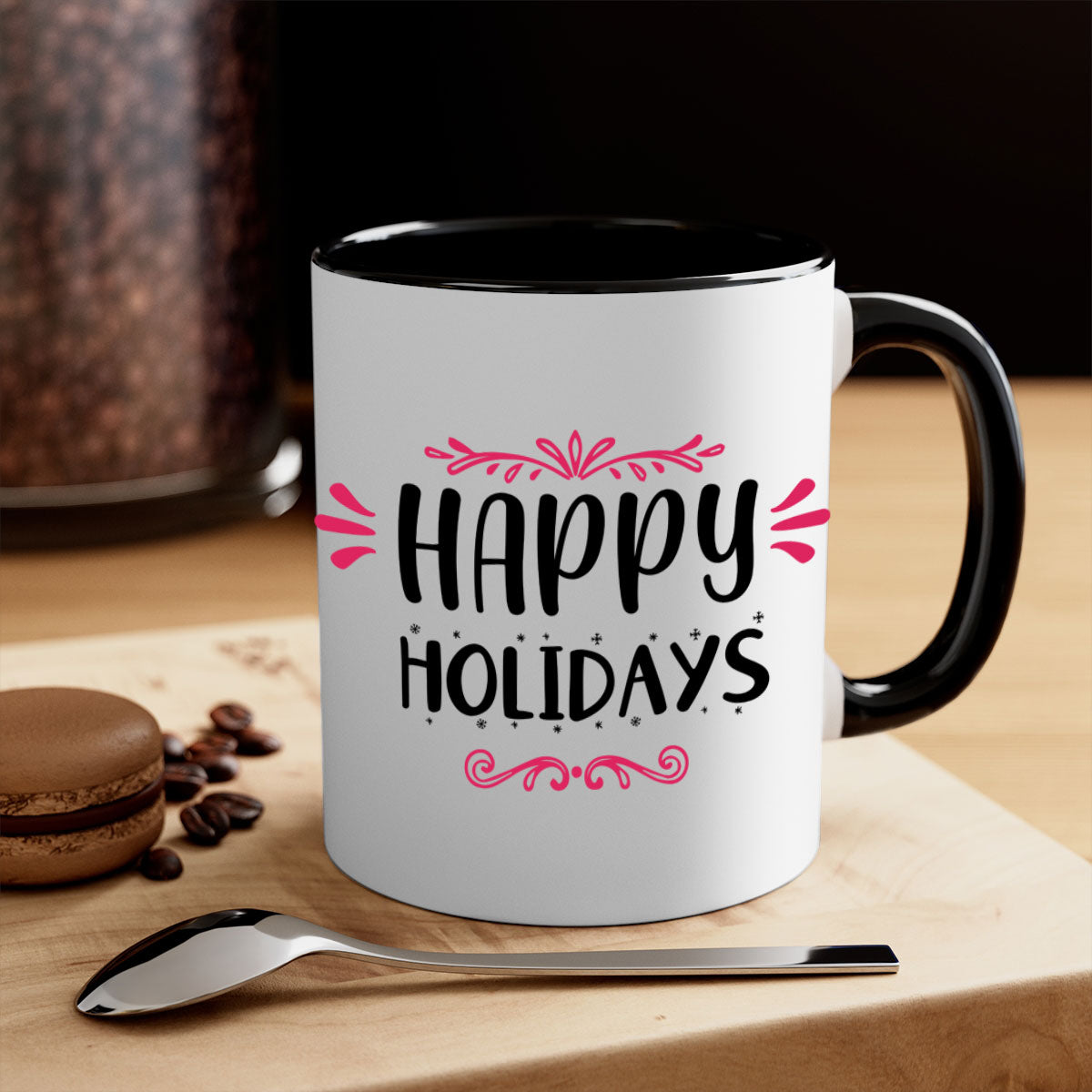 Happy Holidays Style 8# Christmas Mug with colorful handle and glossy finish, available in multiple colors and sizes.