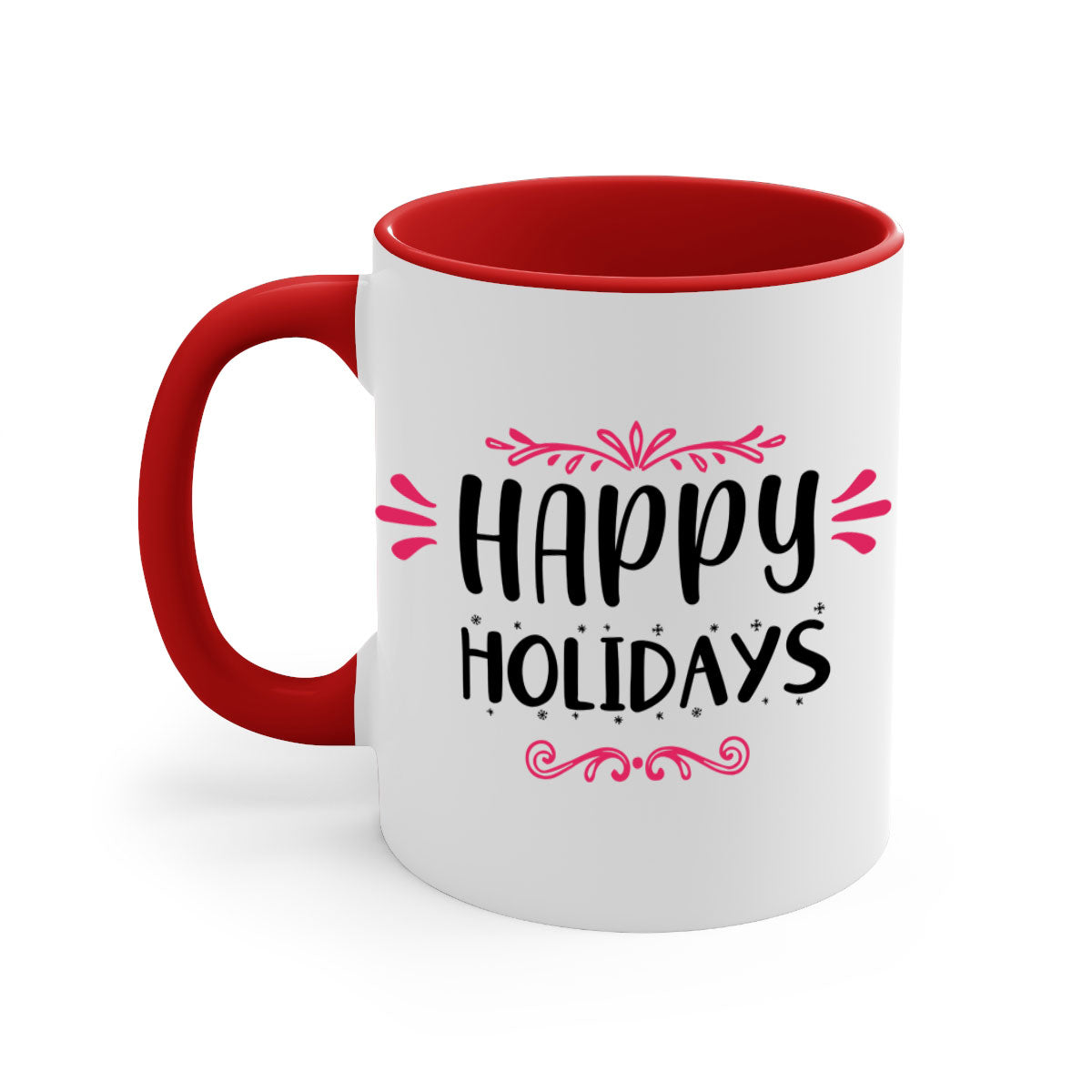 Happy Holidays Style 8# Christmas Mug with colorful handle and glossy finish, available in multiple colors and sizes.