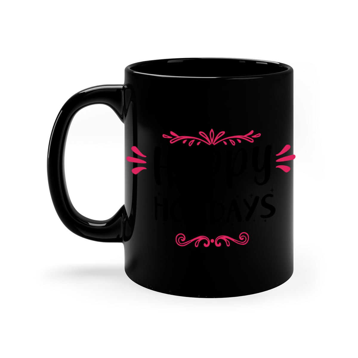 Happy Holidays Style 8# Christmas Mug with colorful handle and glossy finish, available in multiple colors and sizes.