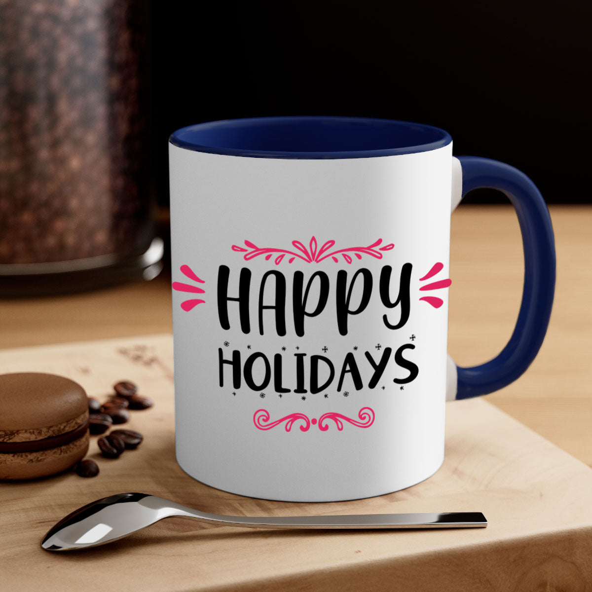 Happy Holidays Style 8# Christmas Mug with colorful handle and glossy finish, available in multiple colors and sizes.