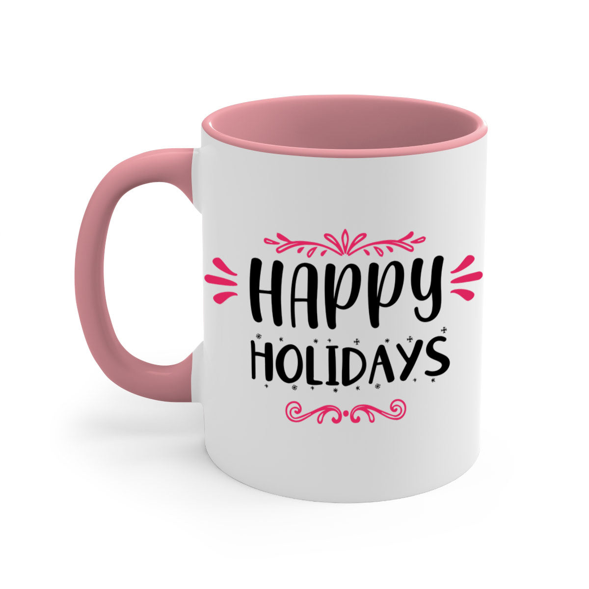 Happy Holidays Style 8# Christmas Mug with colorful handle and glossy finish, available in multiple colors and sizes.