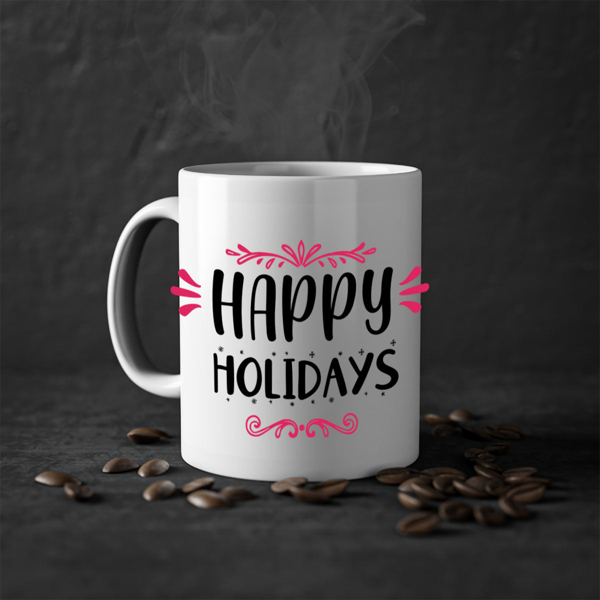 Happy Holidays Style 8# Christmas Mug with colorful handle and glossy finish, available in multiple colors and sizes.