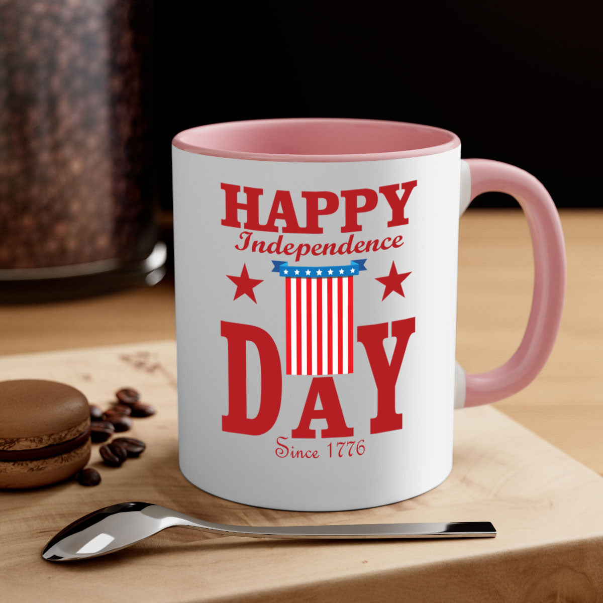 Happy Independence Day Mug with a glossy finish, featuring a colored handle and interior, available in multiple colors.