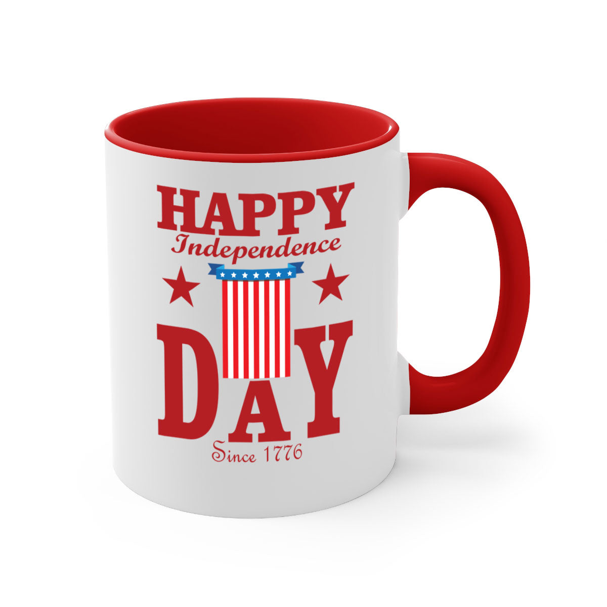 Happy Independence Day Mug with a glossy finish, featuring a colored handle and interior, available in multiple colors.