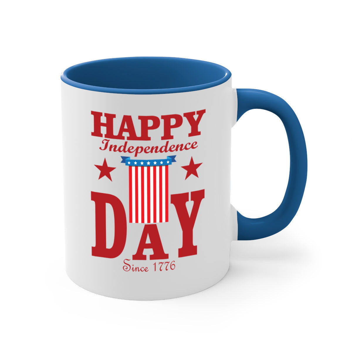 Happy Independence Day Mug with a glossy finish, featuring a colored handle and interior, available in multiple colors.