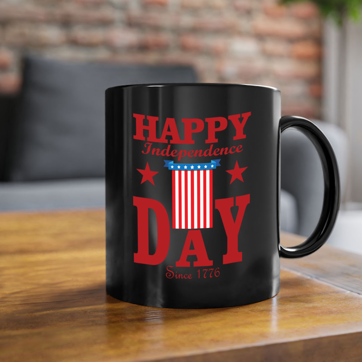 Happy Independence Day Mug with a glossy finish, featuring a colored handle and interior, available in multiple colors.