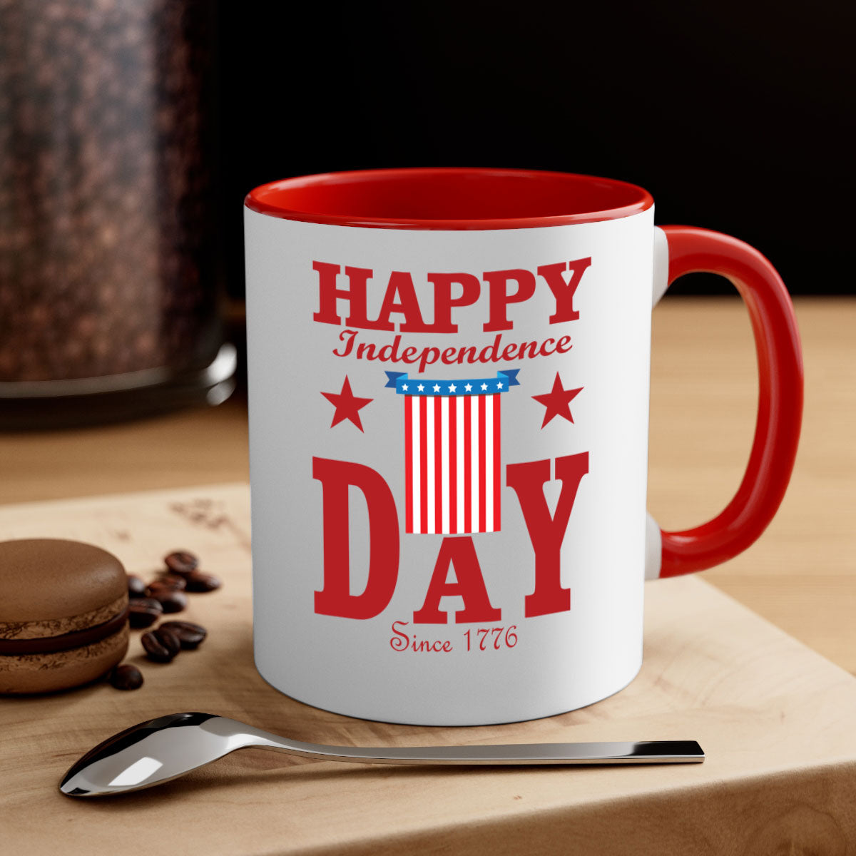Happy Independence Day Mug with a glossy finish, featuring a colored handle and interior, available in multiple colors.