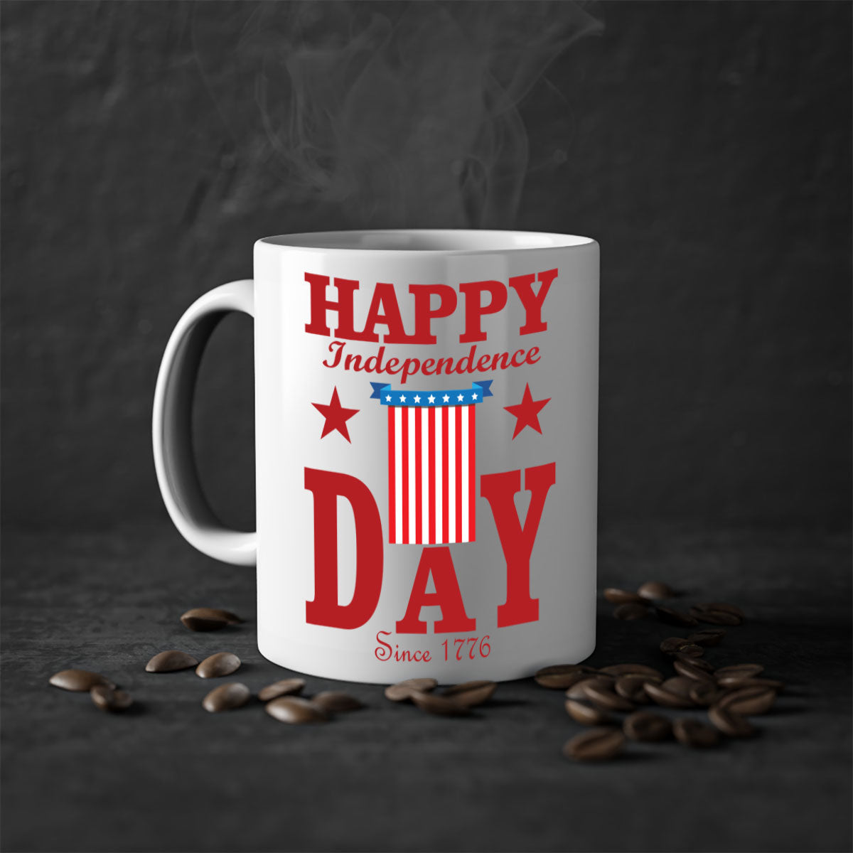 Happy Independence Day Mug with a glossy finish, featuring a colored handle and interior, available in multiple colors.