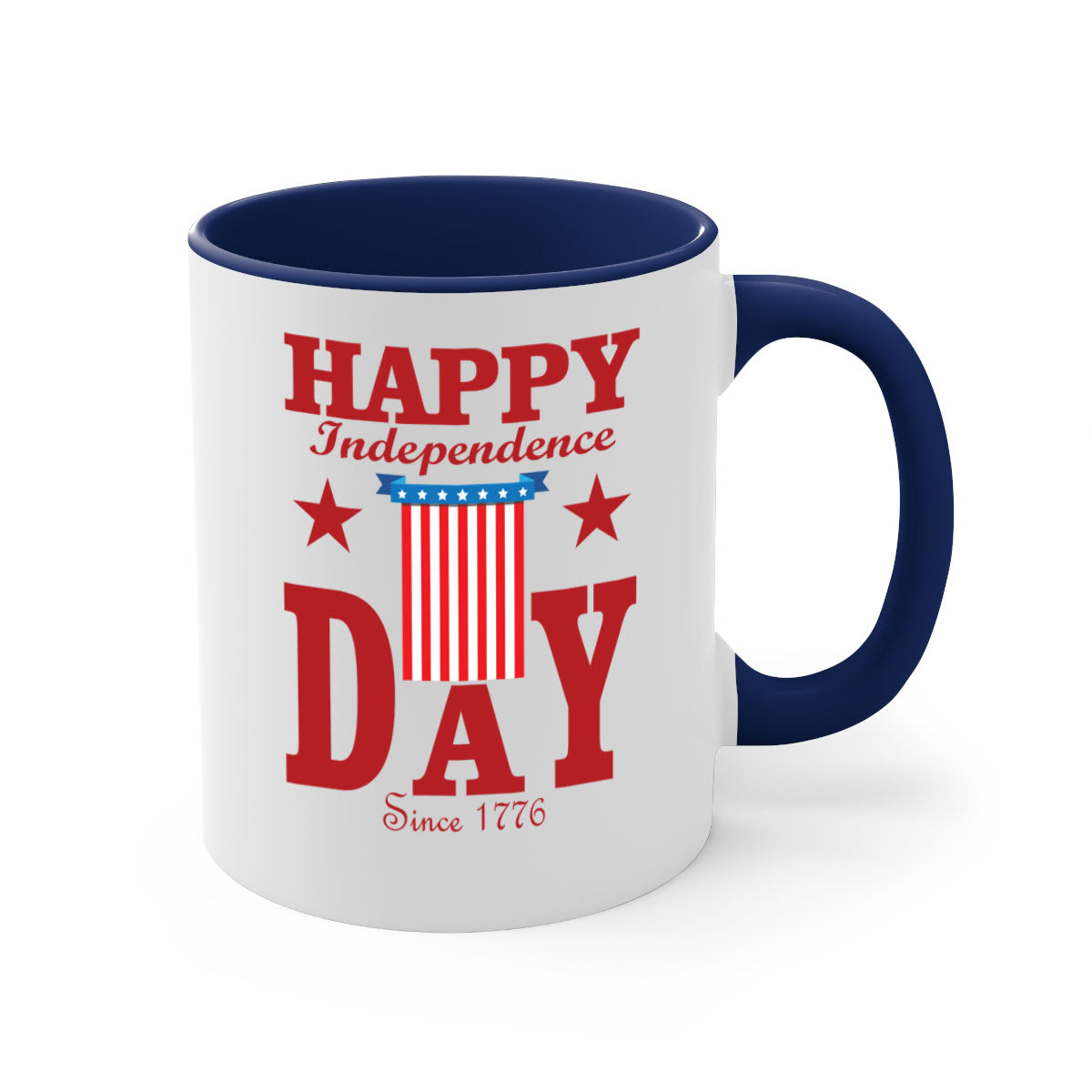 Happy Independence Day Mug with a glossy finish, featuring a colored handle and interior, available in multiple colors.