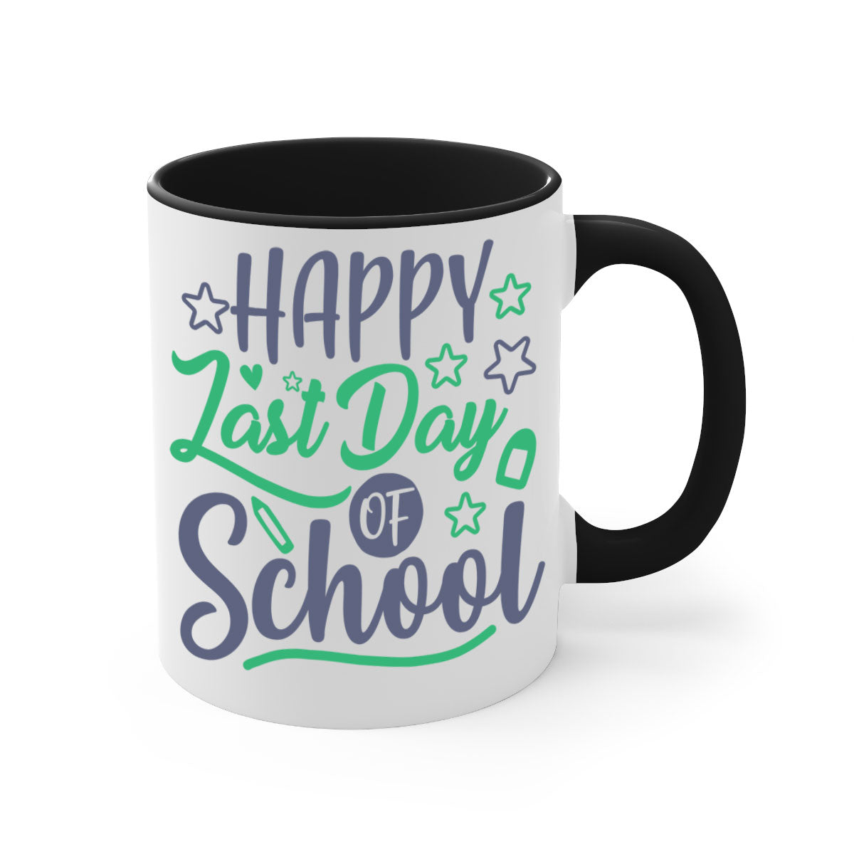 Happy Last Day of School Mug with colorful handle and interior, showcasing a glossy finish.