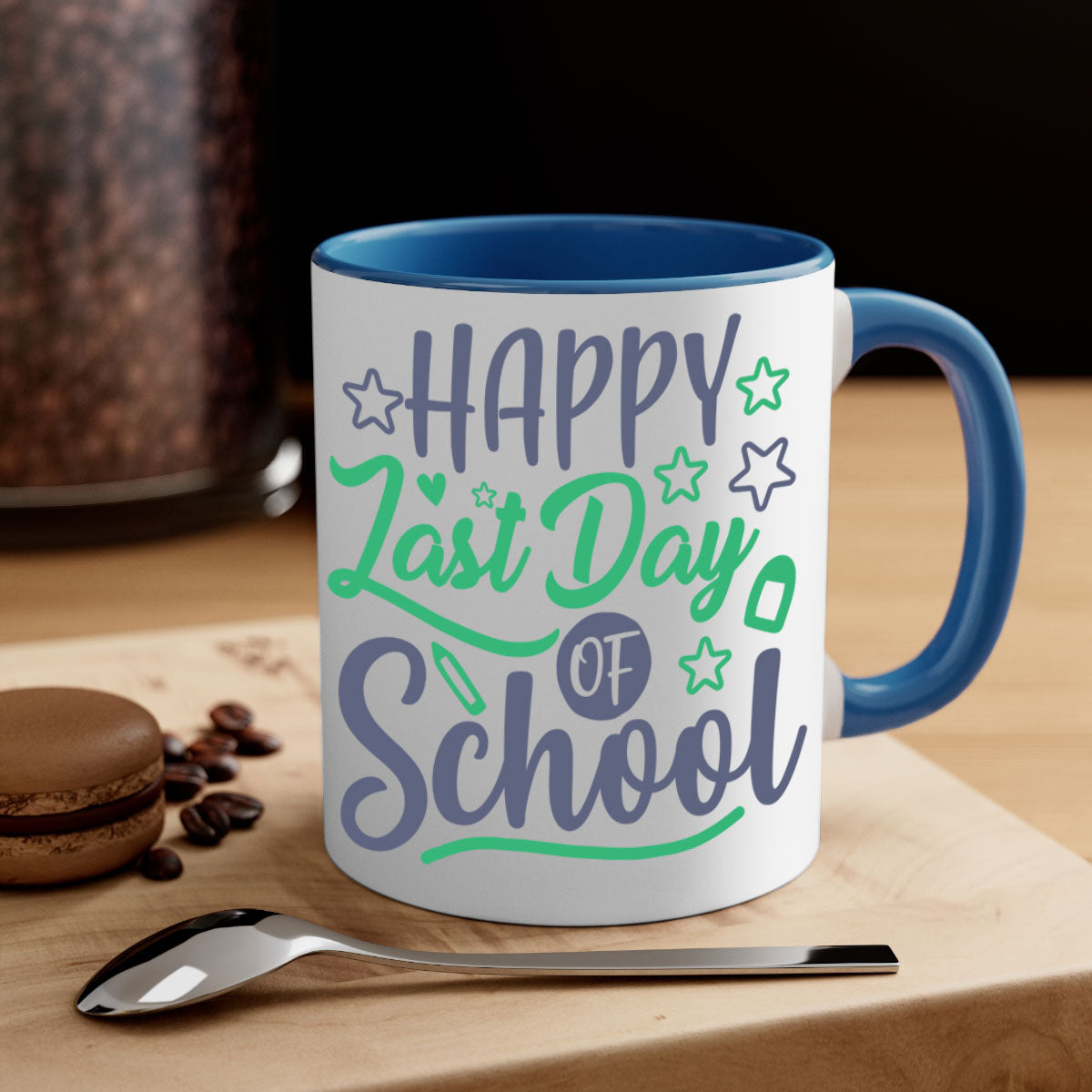 Happy Last Day of School Mug with colorful handle and interior, showcasing a glossy finish.