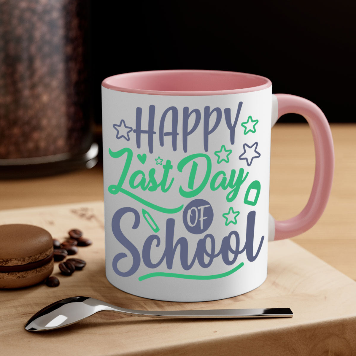 Happy Last Day of School Mug with colorful handle and interior, showcasing a glossy finish.