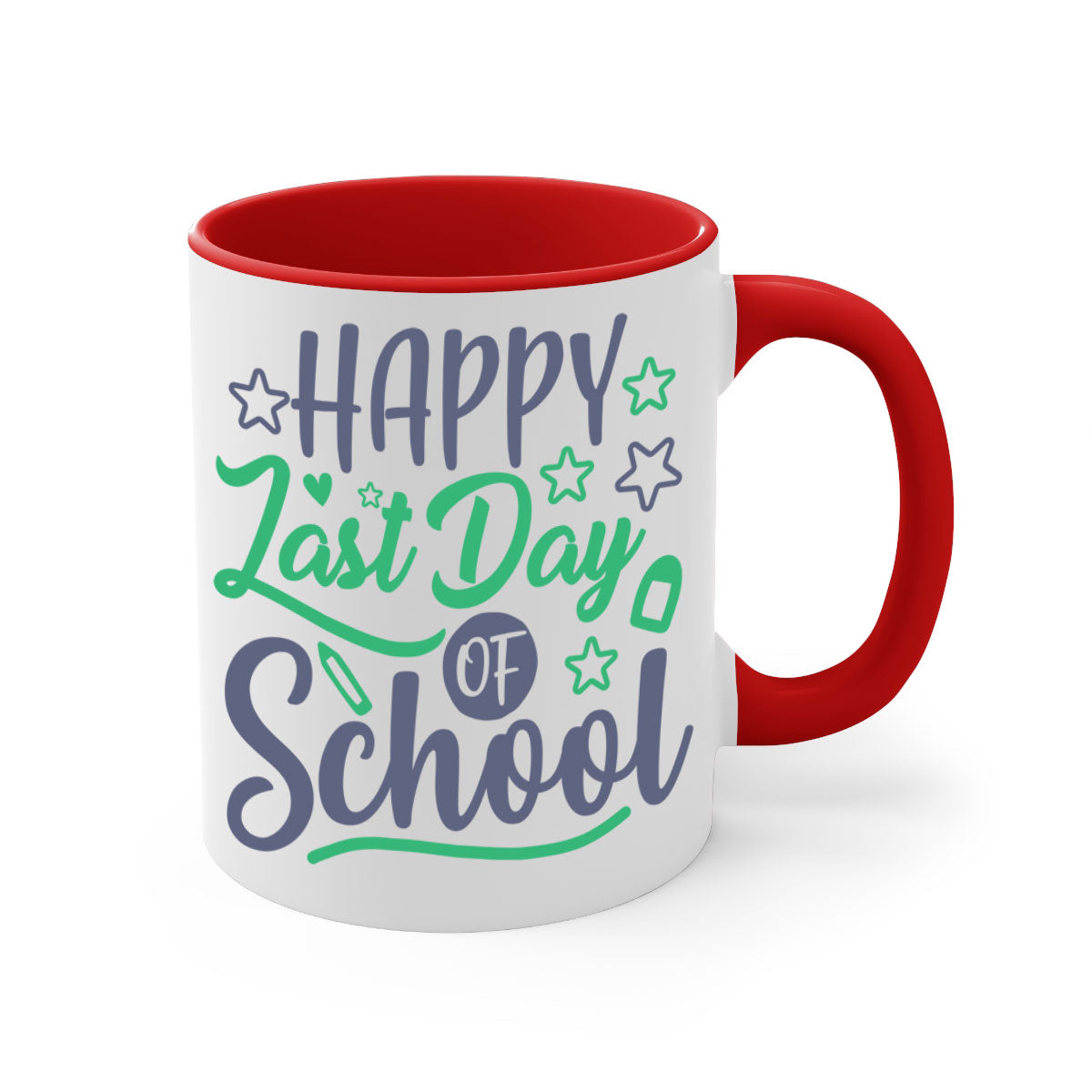 Happy Last Day of School Mug with colorful handle and interior, showcasing a glossy finish.