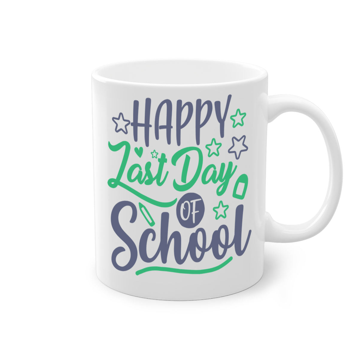 Happy Last Day of School Mug with colorful handle and interior, showcasing a glossy finish.