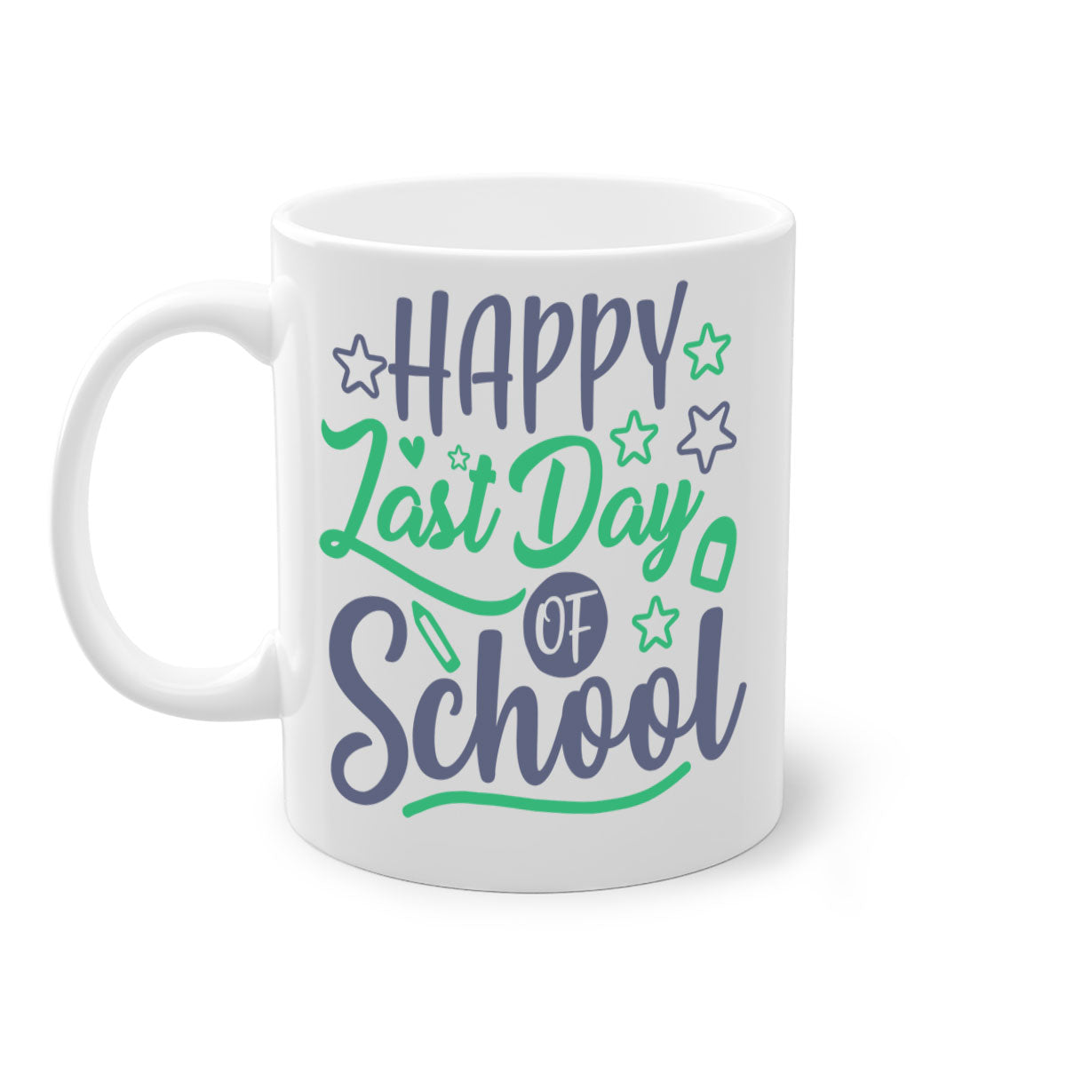 Happy Last Day of School Mug with colorful handle and interior, showcasing a glossy finish.
