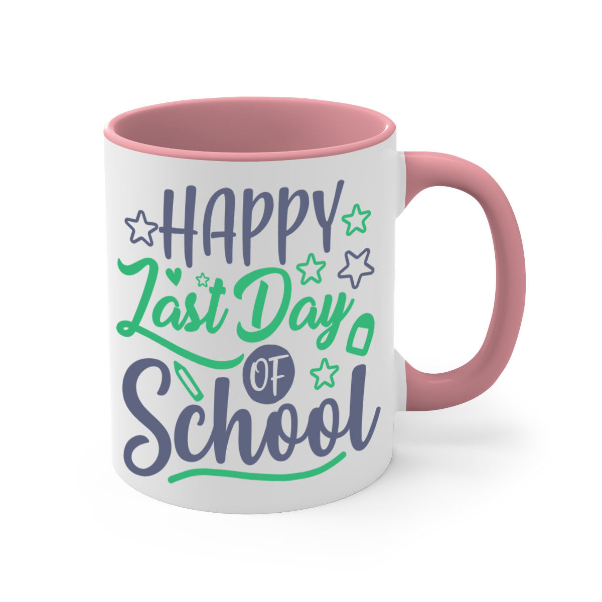 Happy Last Day of School Mug with colorful handle and interior, showcasing a glossy finish.
