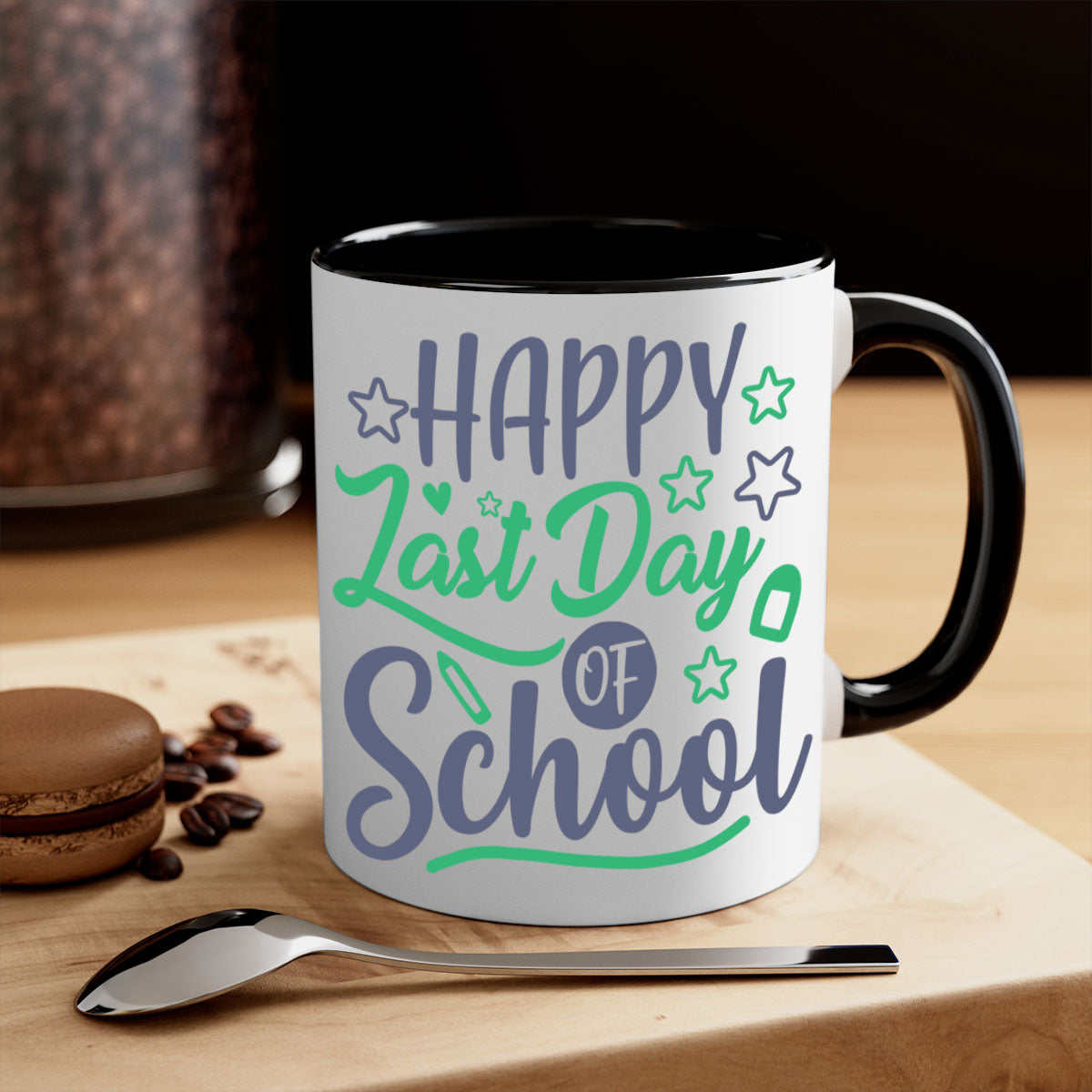 Happy Last Day of School Mug with colorful handle and interior, showcasing a glossy finish.