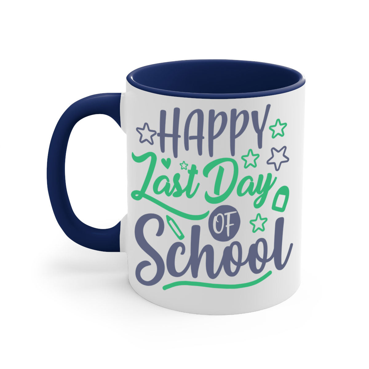 Happy Last Day of School Mug with colorful handle and interior, showcasing a glossy finish.