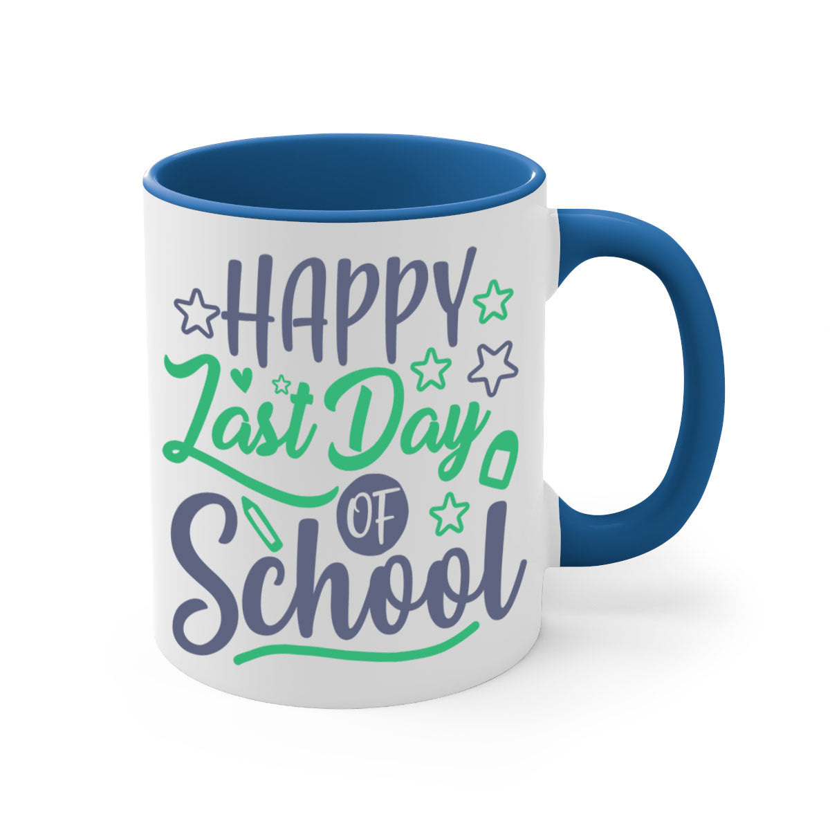 Happy Last Day of School Mug with colorful handle and interior, showcasing a glossy finish.
