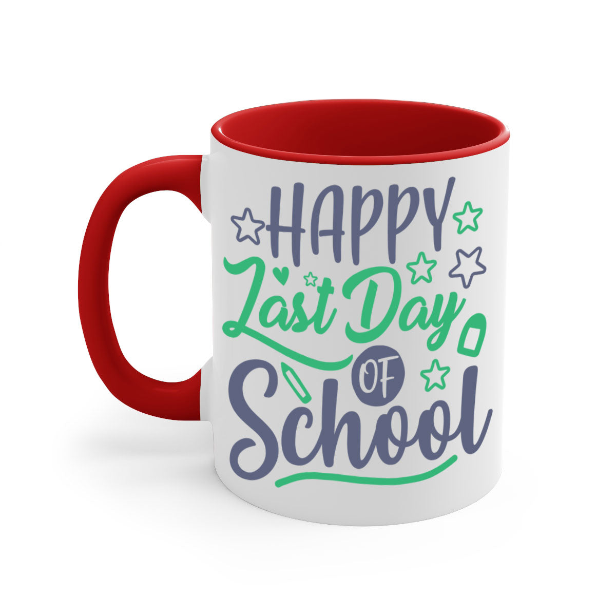 Happy Last Day of School Mug with colorful handle and interior, showcasing a glossy finish.