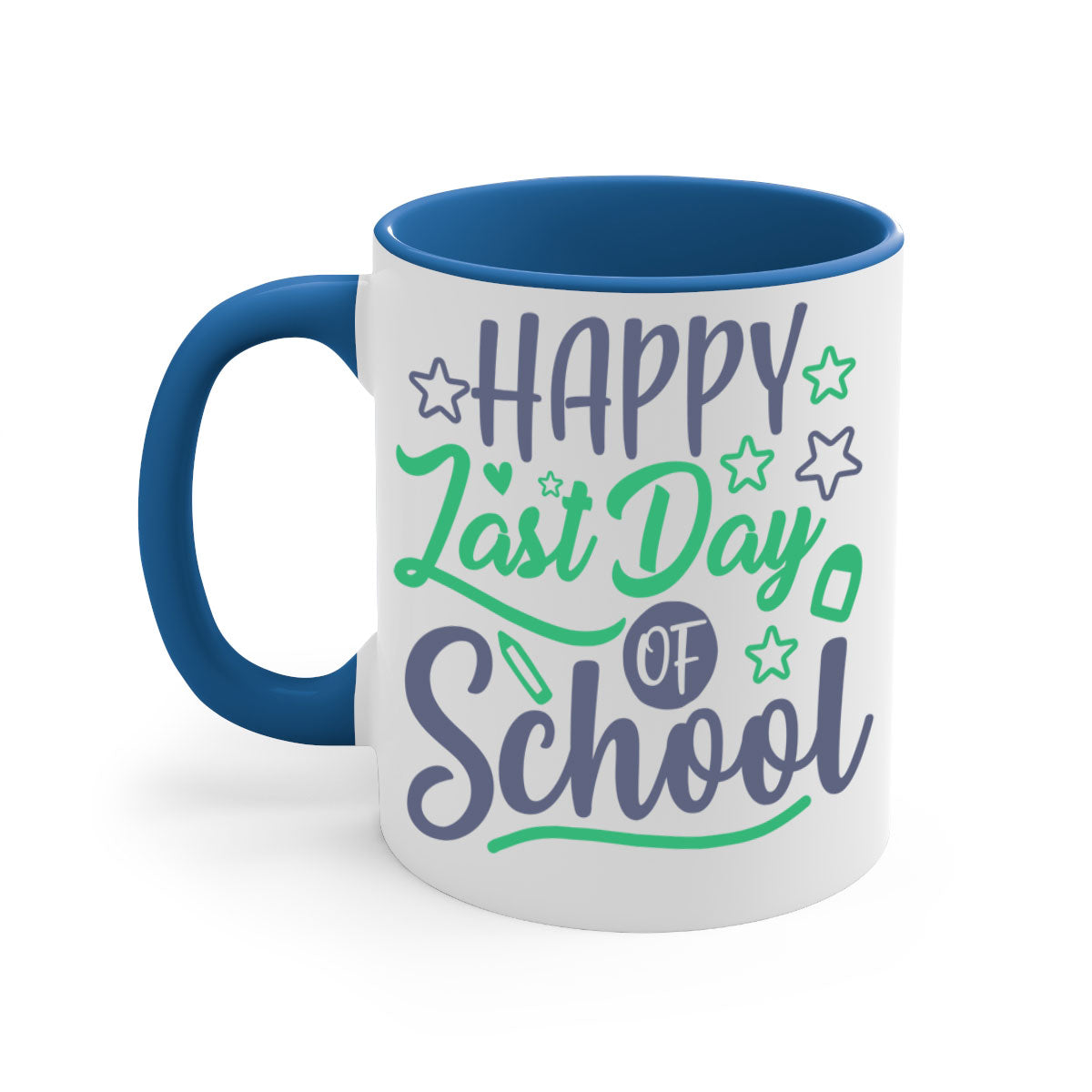 Happy Last Day of School Mug with colorful handle and interior, showcasing a glossy finish.