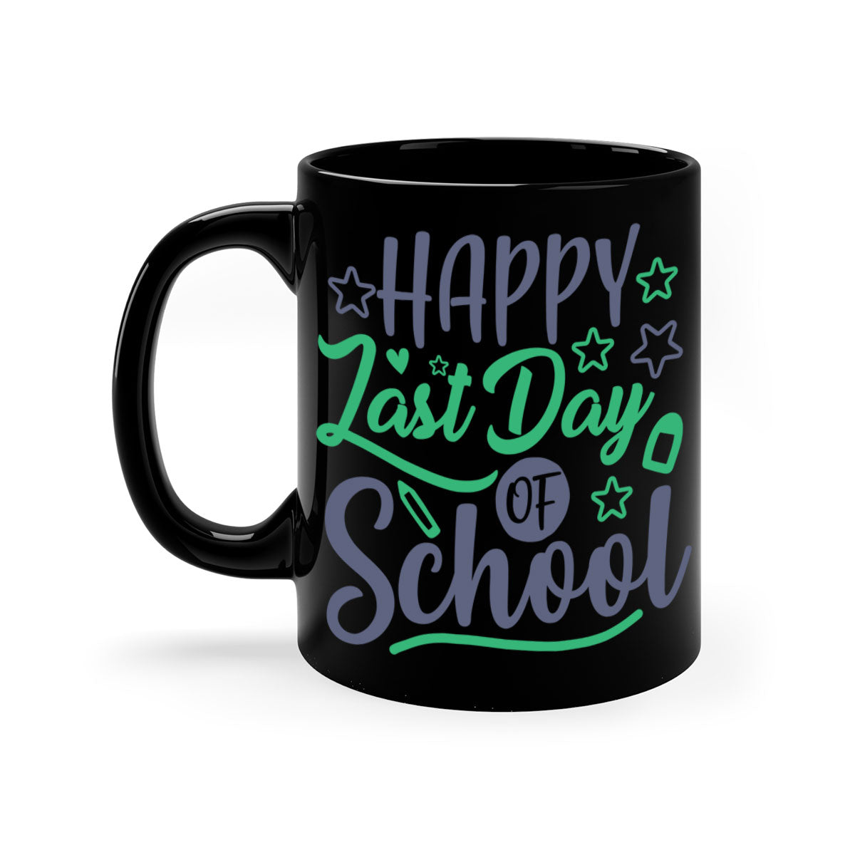 Happy Last Day of School Mug with colorful handle and interior, showcasing a glossy finish.
