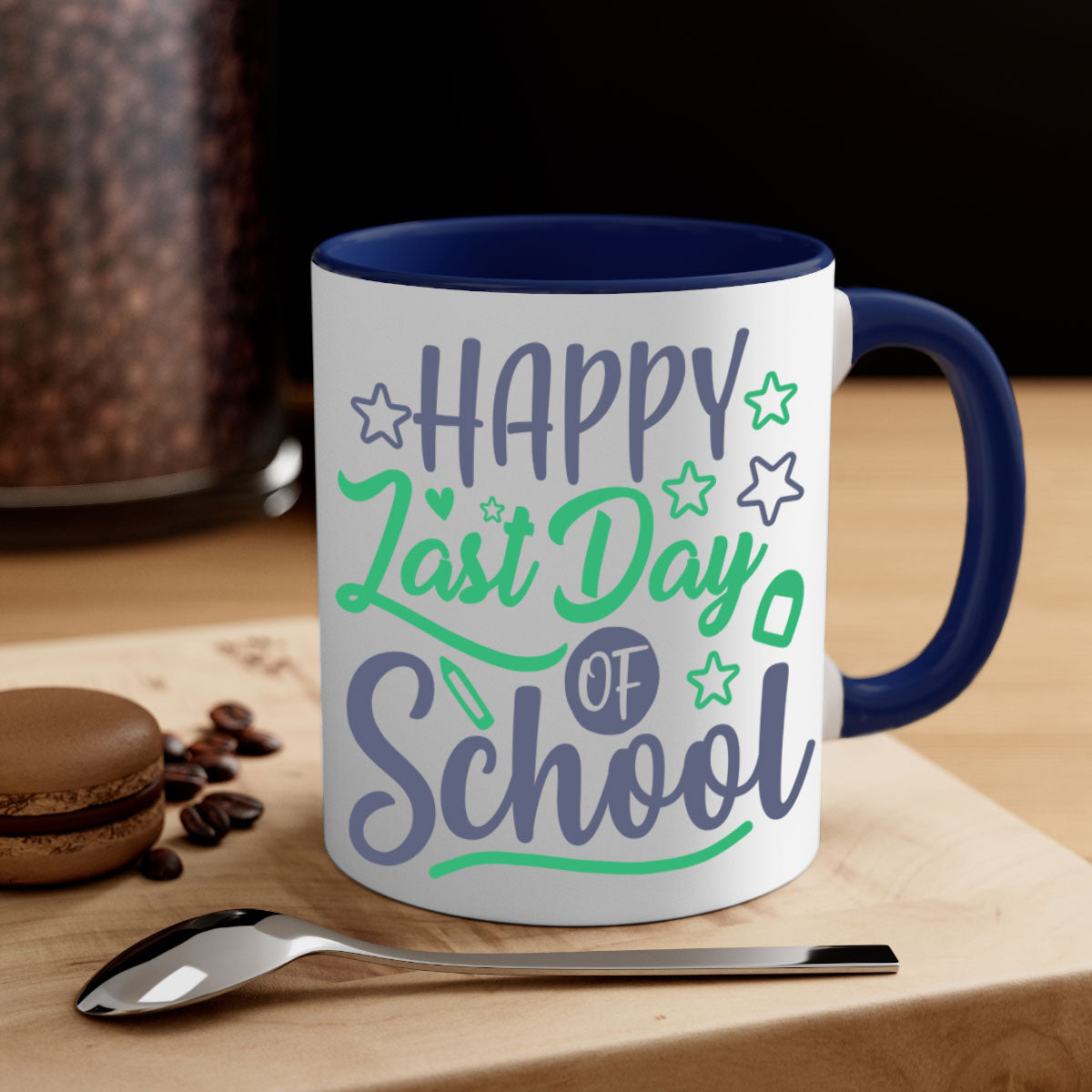 Happy Last Day of School Mug with colorful handle and interior, showcasing a glossy finish.