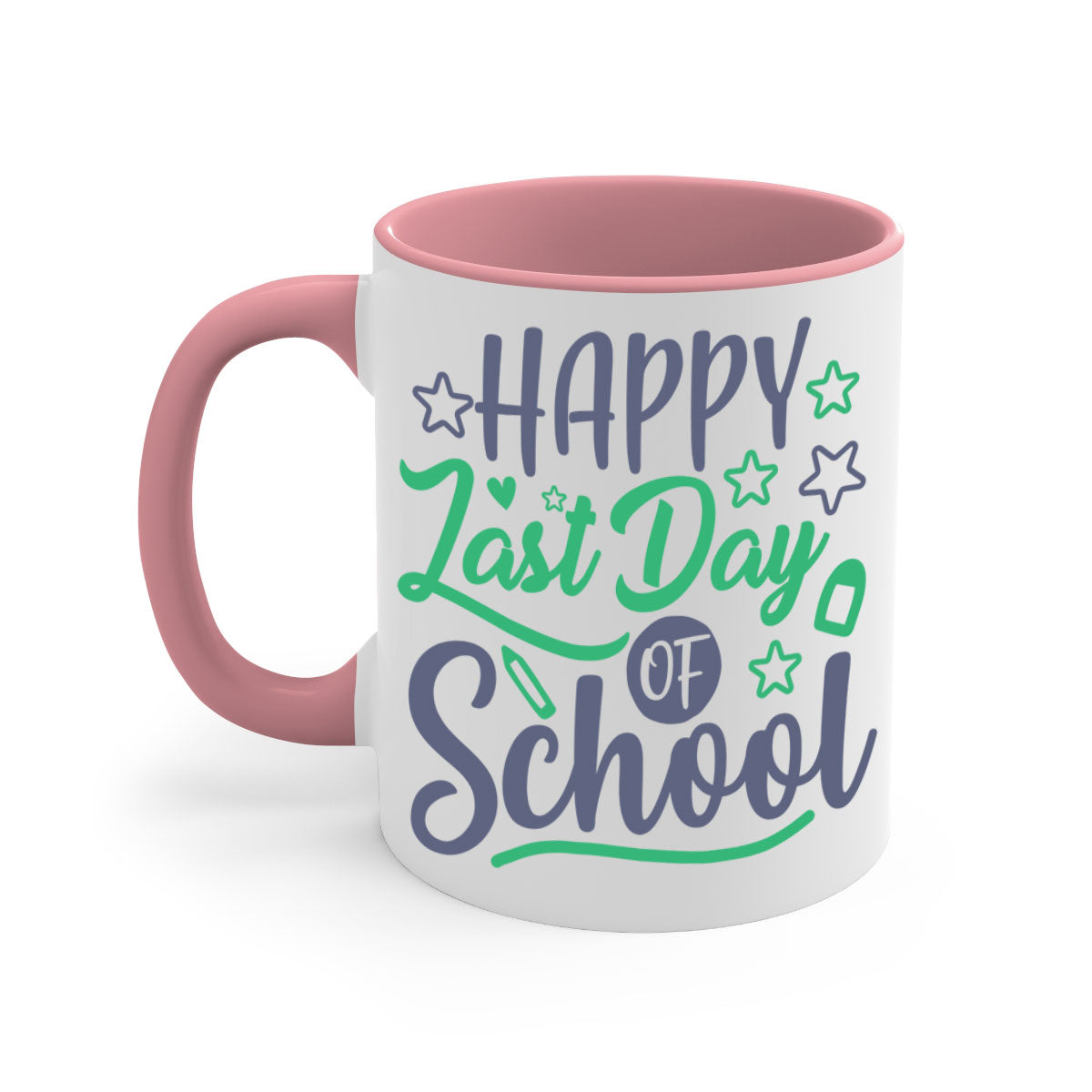 Happy Last Day of School Mug with colorful handle and interior, showcasing a glossy finish.