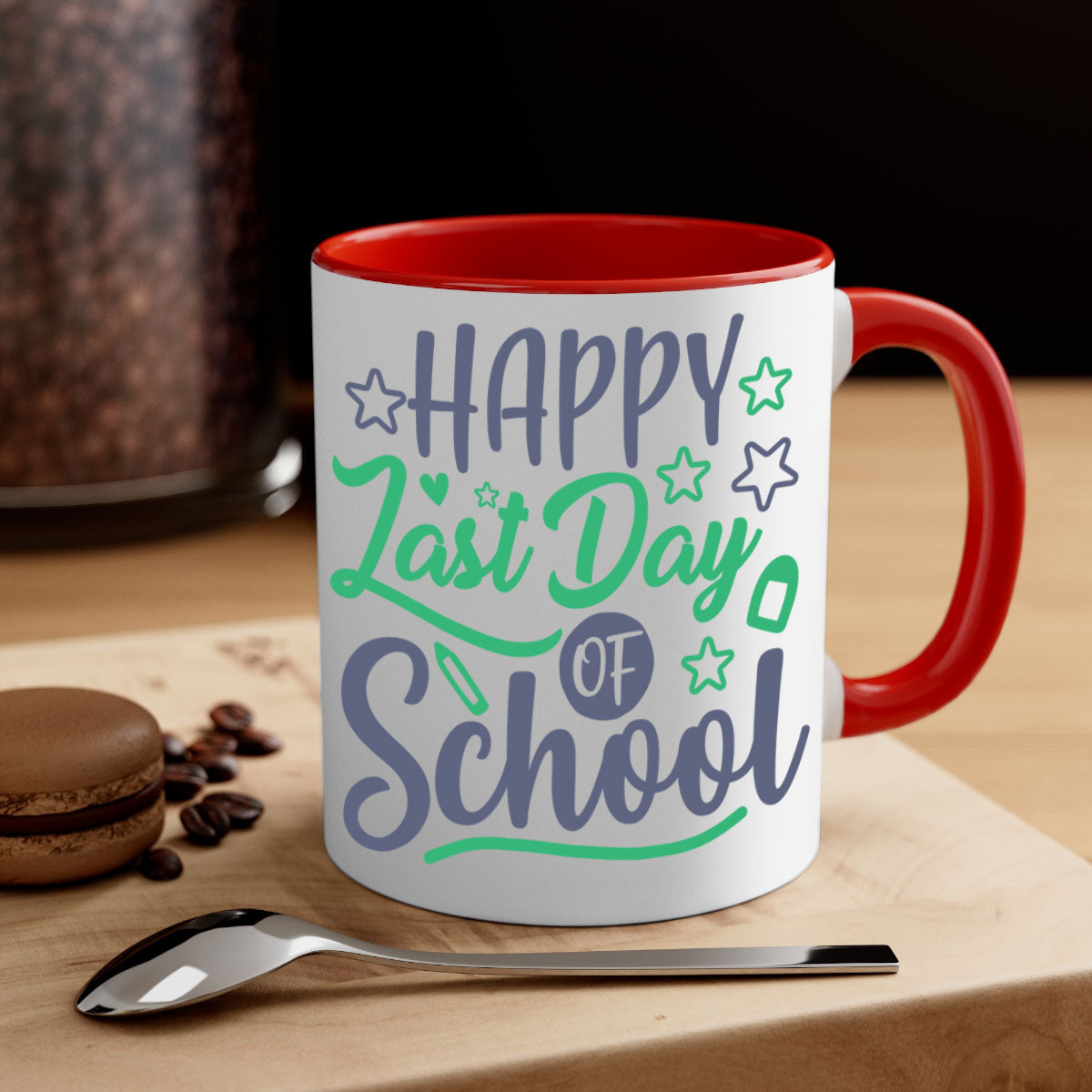 Happy Last Day of School Mug with colorful handle and interior, showcasing a glossy finish.
