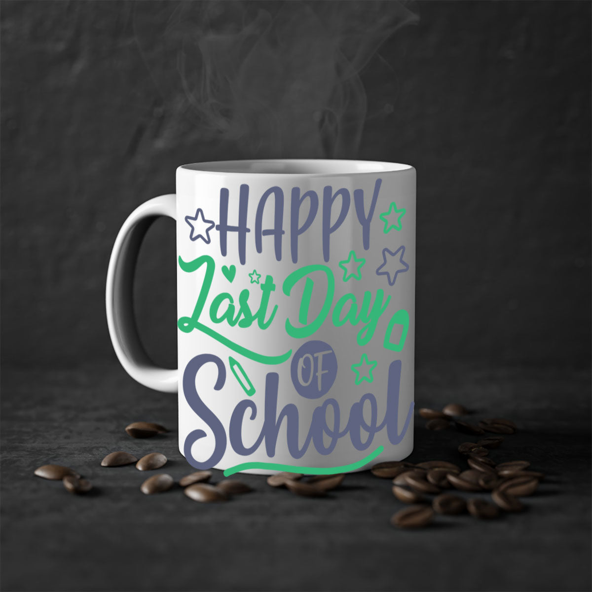 Happy Last Day of School Mug with colorful handle and interior, showcasing a glossy finish.