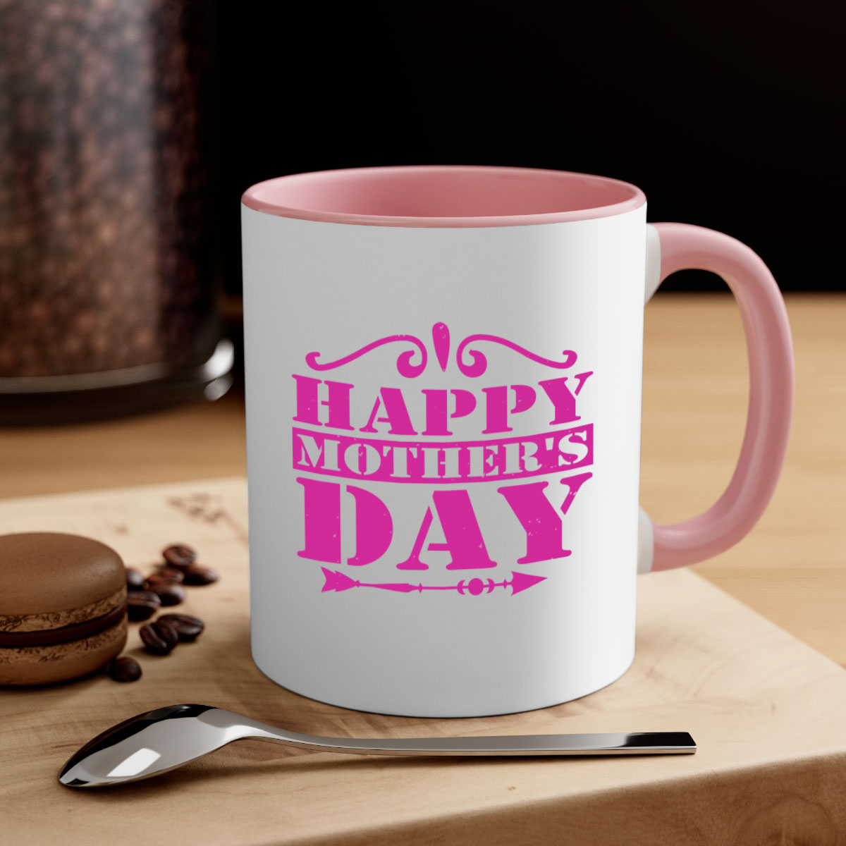 Happy Mother's Day Mug with colorful handle and glossy finish, available in multiple colors and sizes.