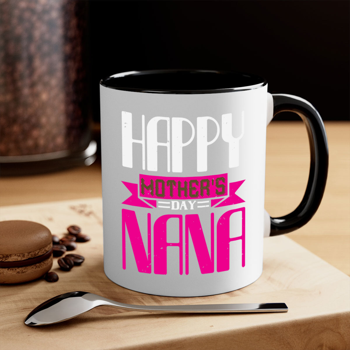 HAPPY mothers day nana mug with colorful handle and glossy finish, perfect for coffee or tea.