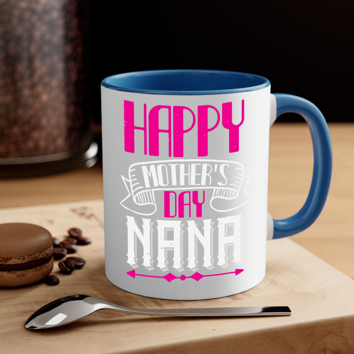 Ceramic coffee mug with colorful handle and interior, featuring 'HAPPY mothers day nana' design, available in multiple colors.