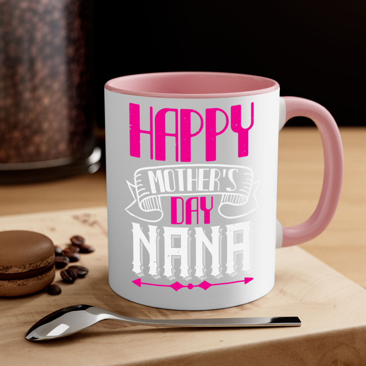 Ceramic coffee mug with colorful handle and interior, featuring 'HAPPY mothers day nana' design, available in multiple colors.