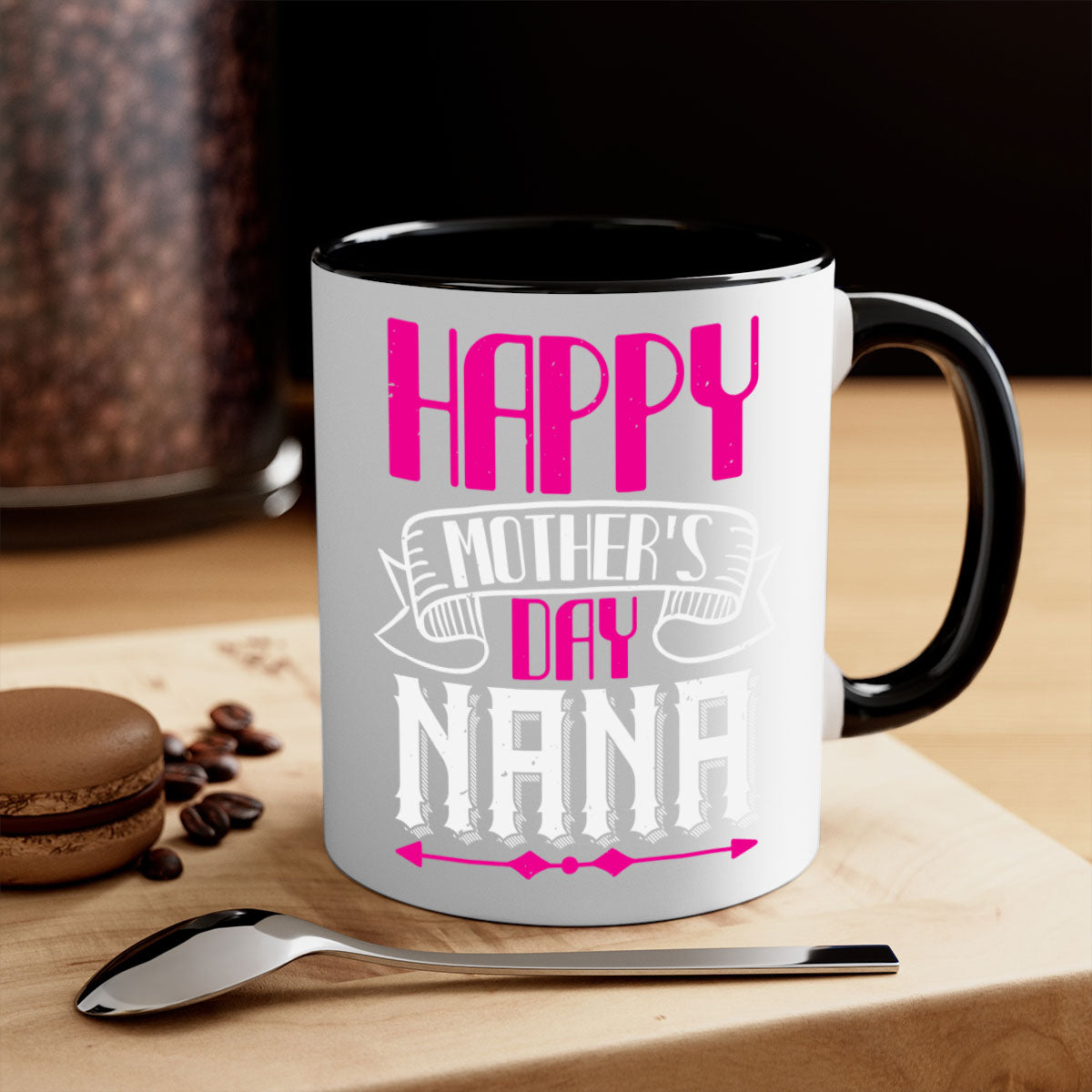 Ceramic coffee mug with colorful handle and interior, featuring 'HAPPY mothers day nana' design, available in multiple colors.