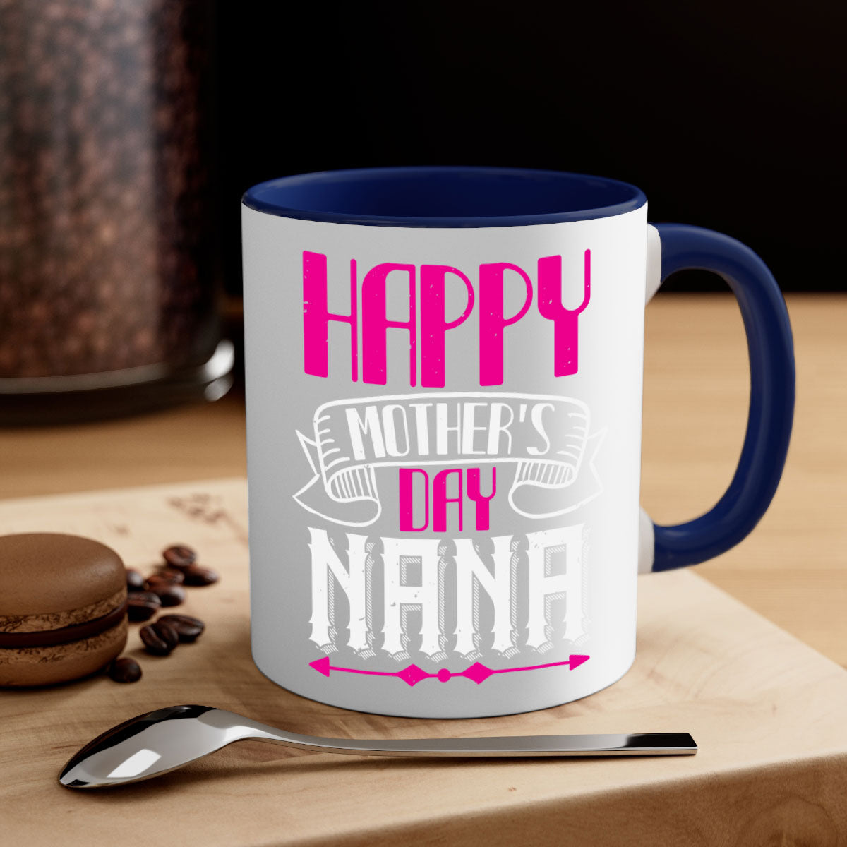 Ceramic coffee mug with colorful handle and interior, featuring 'HAPPY mothers day nana' design, available in multiple colors.