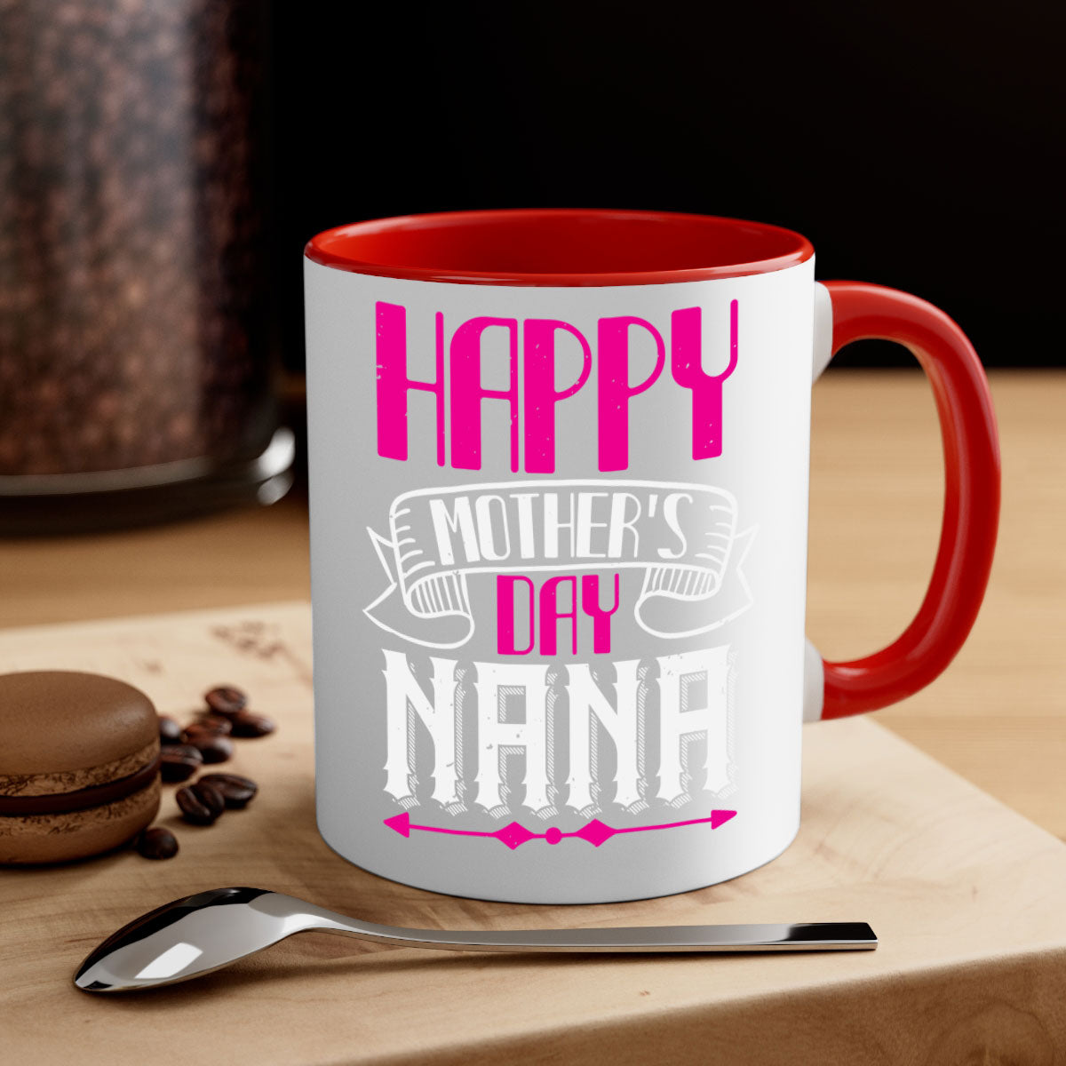 Ceramic coffee mug with colorful handle and interior, featuring 'HAPPY mothers day nana' design, available in multiple colors.