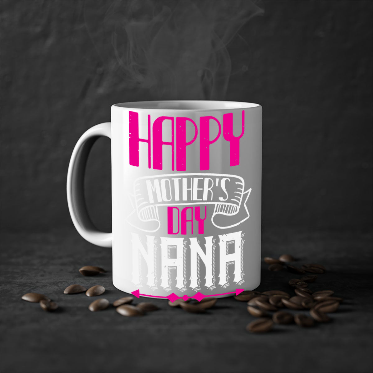 Ceramic coffee mug with colorful handle and interior, featuring 'HAPPY mothers day nana' design, available in multiple colors.