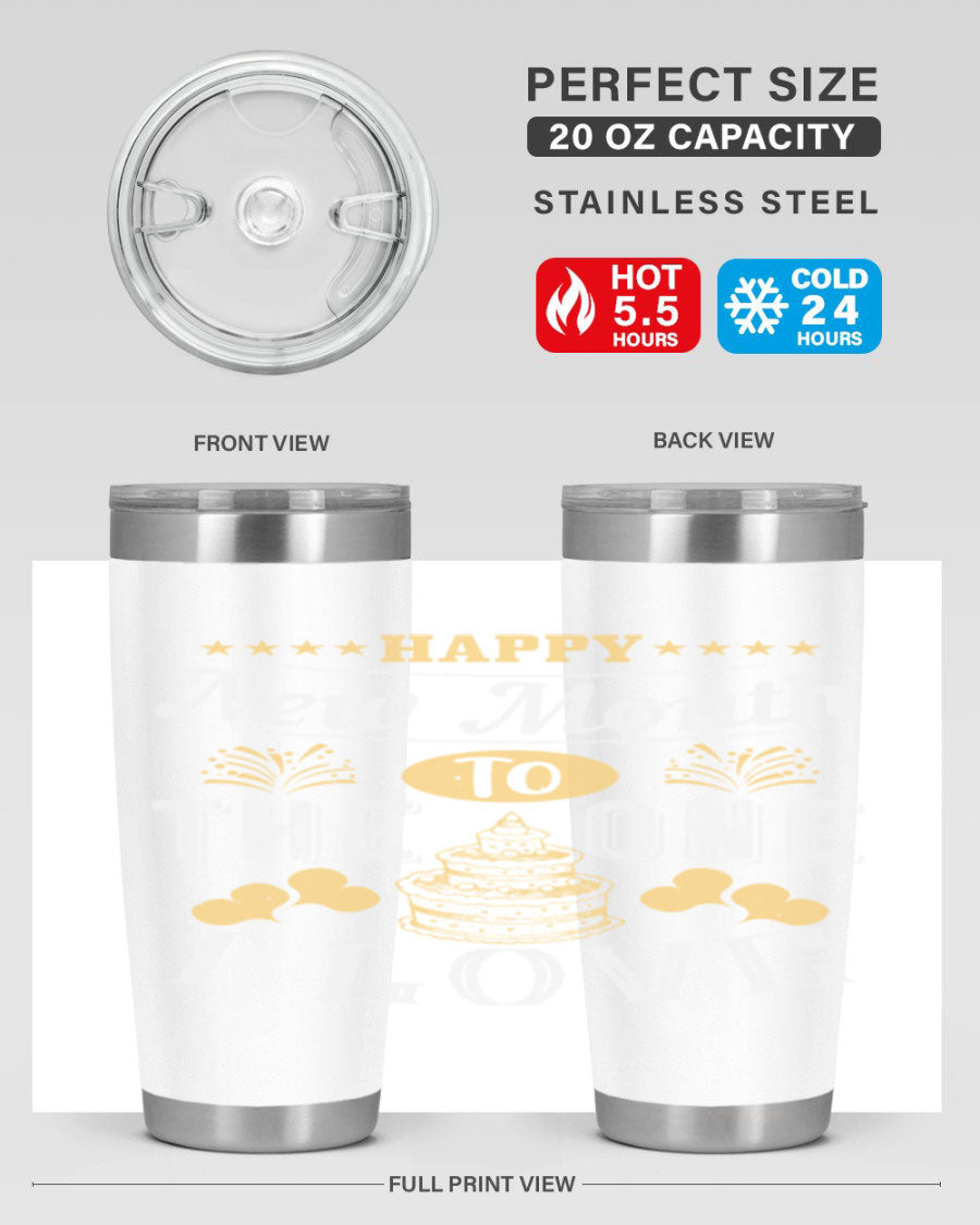Happy New Month tumbler featuring a stylish design, available in 20oz and 30oz sizes, made from stainless steel with a drink-thru lid.