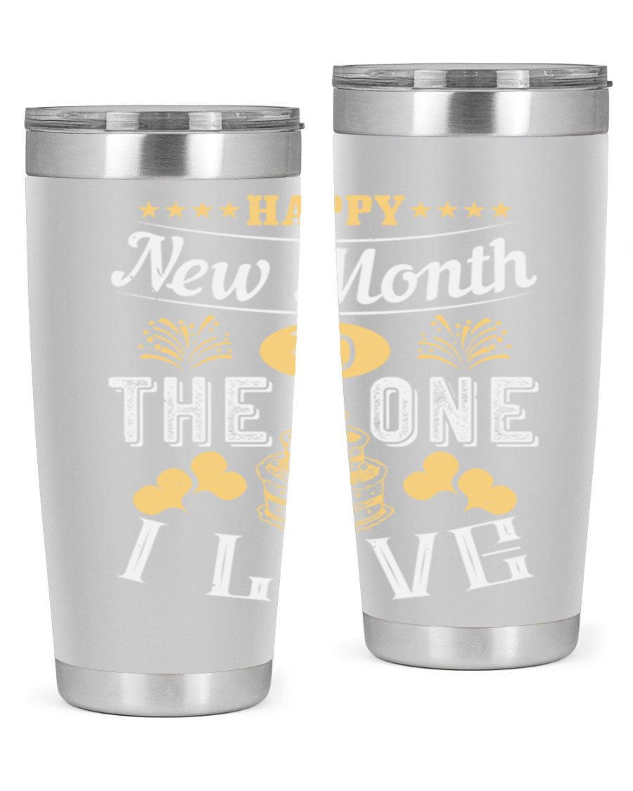 Happy New Month tumbler featuring a stylish design, available in 20oz and 30oz sizes, made from stainless steel with a drink-thru lid.